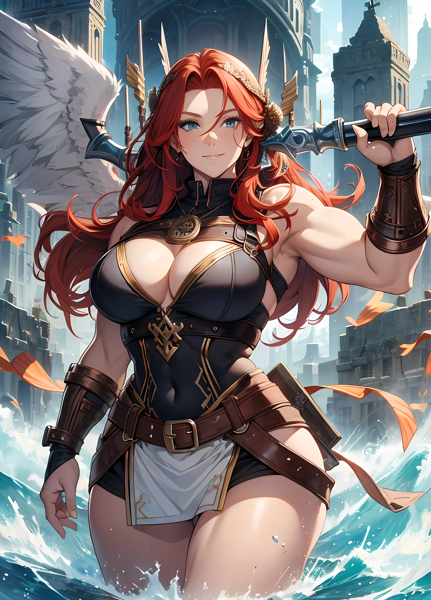 redhead Valkyrie, thicc, muscular, happy, viking background, sacred geometry, portrait