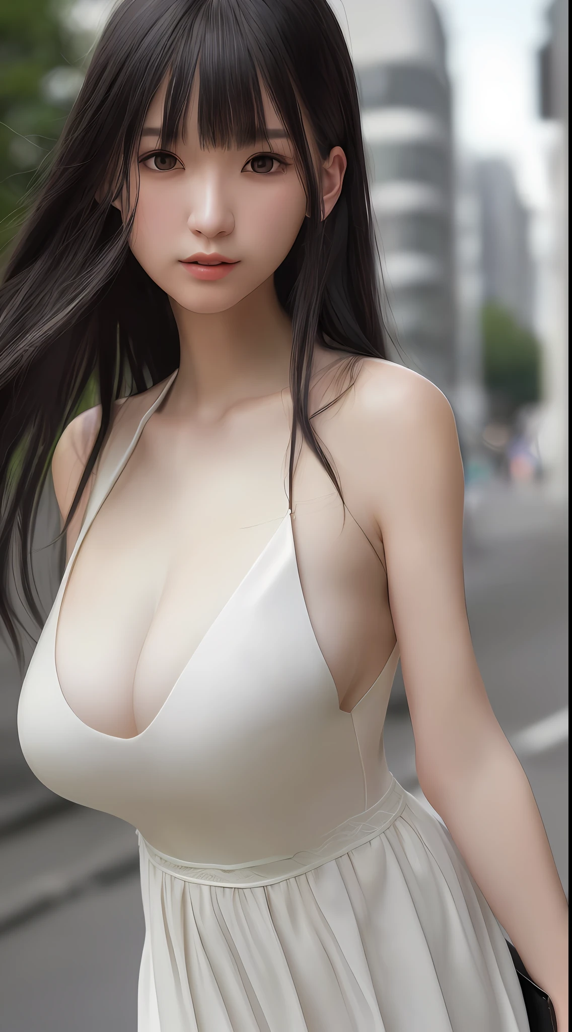 Best quality, super detail, masterpiece, fine detail, high resolution, portrait, 8k wallpaper, realistic details, clothing details, skin details, detailed eyes, photoshop \ (medium \), slim body, 1 girl, Japan people, 30 years old, beautiful eyes, bare skin, well-formed face, bangs, blunt bangs, huge, (pleasant look), mouth open, close-up, white skin, long hair, black hair, Beige dress, walking on the street, hard breasts, hair fluttering, ears visible, only the upper body is visible, not visible from the waist up