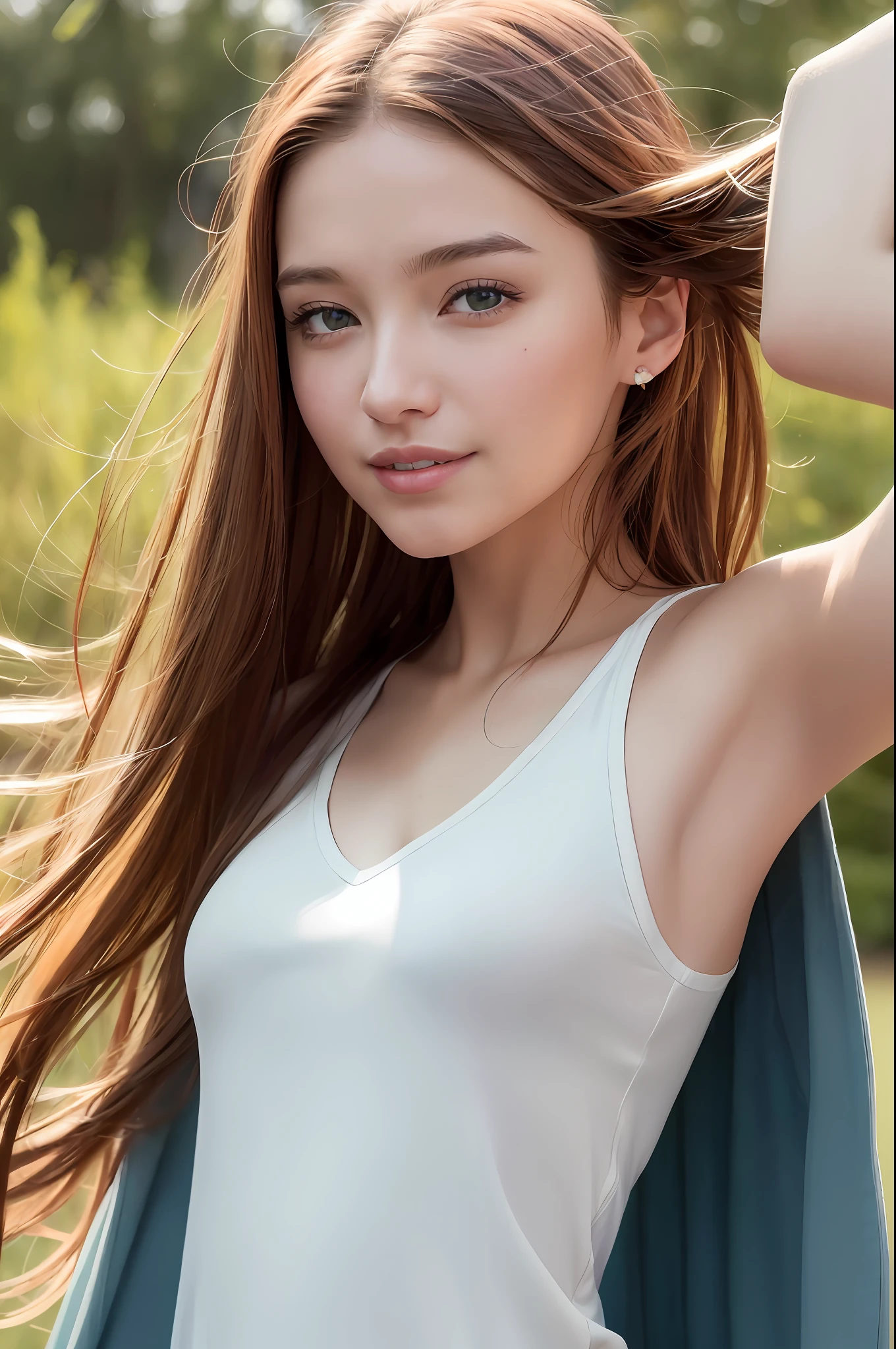 (8K, Best Quality, Masterpiece: 1.2), (Realistic, Photorealistic: 1.37), Super Detail, 1 Girl, Cute, Solo, (Redness of the Nose), (Smile: 1.15), (Mouth Closed) Small, Beautiful Eyes, (Long Hair: 1.2), Floating Hair Novafrog style, slim upper body,