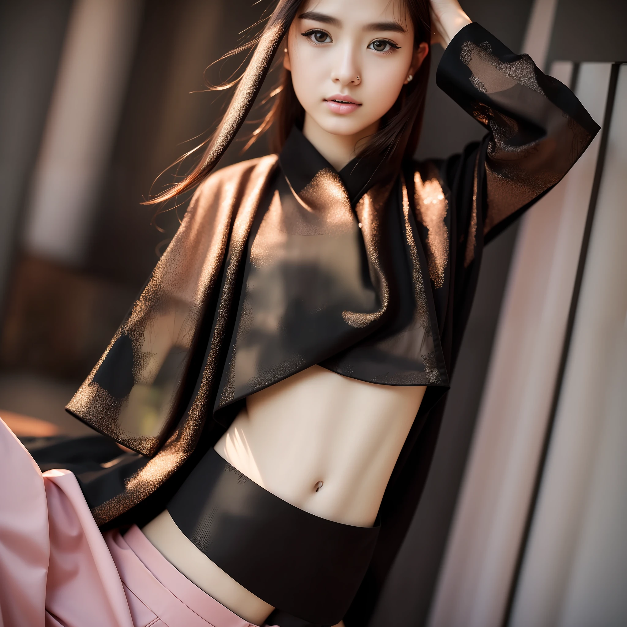 8k, RAW photo, top quality, masterpiece: 1.2), (realistic, photorealistic: 1.37), 1 girl, Japan, very beautiful face, freckled glossy face, 18 years old, female, professional lighting, photon mapping, radiosity, big, frugal, thin lashes, pink lips, slender, crotch, big, black blouse, black pants --auto --s2