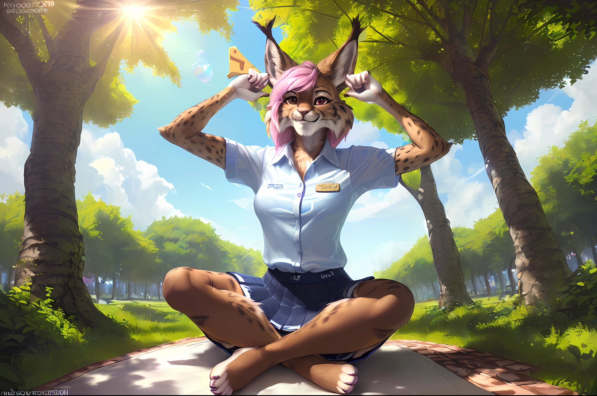 [Uploaded to e621.net; (Foxovh), (Pixelsketcher), (mayosplash], ((masterpiece)), ((solo portrait)), ((1girl)), ((furry; antrho lynx girl)), ((detailed fur)), ((raytracing)), ((detailed shading)), ((beautiful render art)), ((intricate details)), {anthro lynx; (brown fur, black stripes), (beautiful maroon eyes; black pupils), (pink hair; long, messy), seductive gaze; (bedroom eyes, cheese-smile), (wet white button-up shirt; soaked), (navy blue skirt; blue thigh highs, light blue panties), athletic body, (beautiful feet; cat paws)}, ((sitting; crisscross, holding up piece signs), attractive pose), [background; (park; sunny, sun rays through trees)]