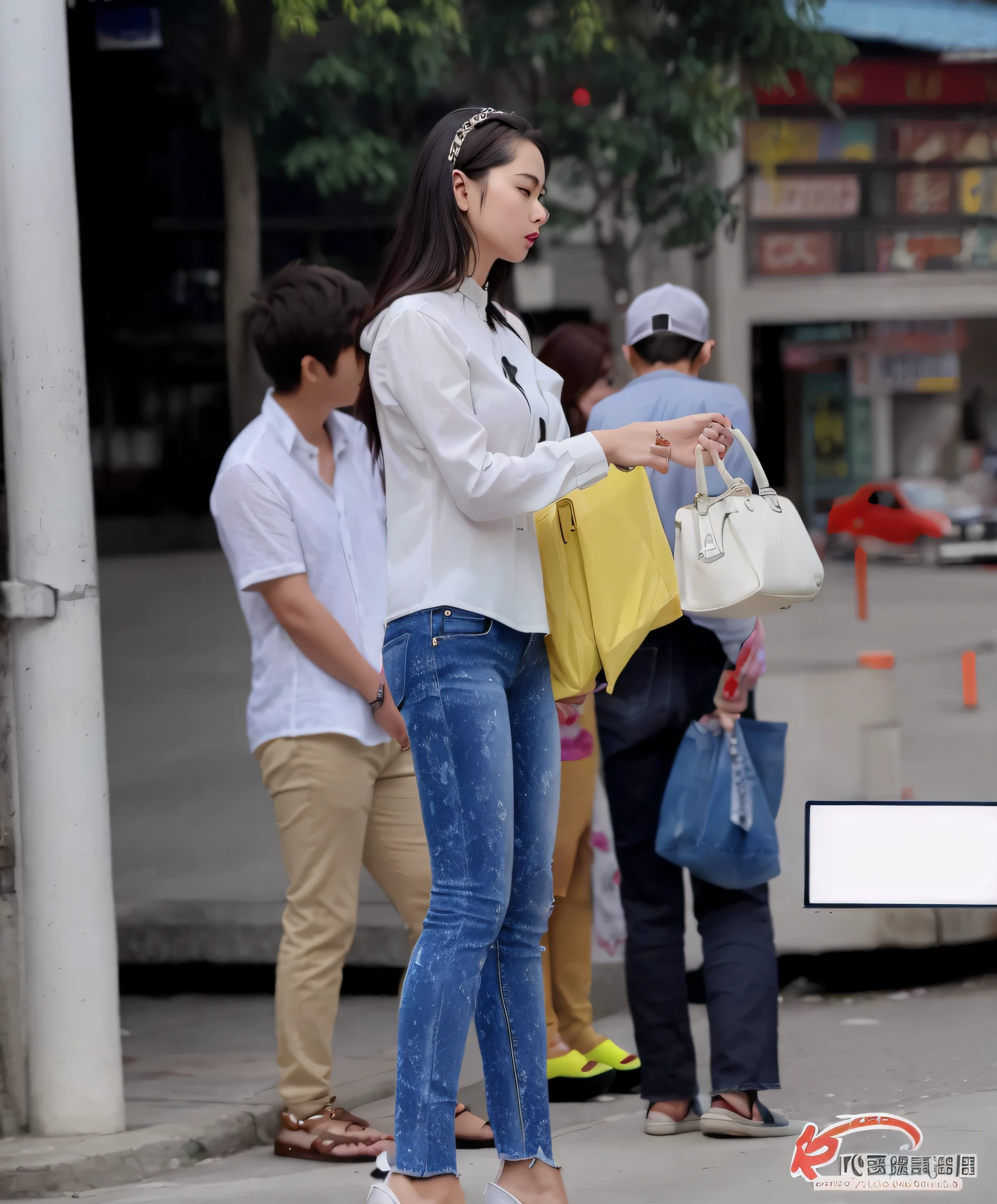 woman in white shirt and jeans standing on sidewalk with handbag, uhd candid photo of dirty, tight blue jeans and cool shoes, ( ( ( wearing jeans ) ) ), street fashion, chinese woman, illustration], skinny waist and thick hips, standing in street, candid shot, wearing jeans, chinese girl, on the street, on the street, checking her phone