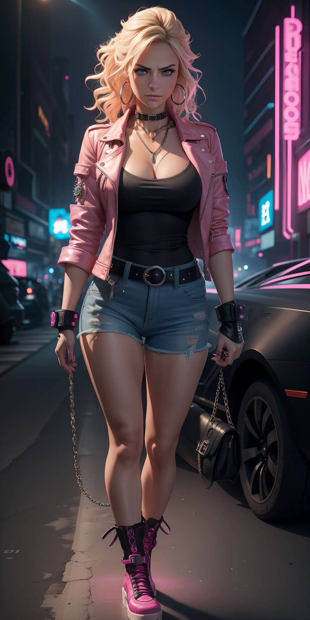 representational style, woman, (thepit bimbo: 1.2)), cartoon, blue eyes, hoop earrings, detailed, skin texture, blond hair, full lips, full body perspective, collar, pink jacket, centered, tan leather long shirt, looking at Scenes, Your knees, 8k, highly detailed, glossy, [Nina Dobrev | Emma Stone], symmetrical, realistic, photo-realistic, split focus, frown, ripped jeans, studio lights, wide hips, glowing colors, glowing skin, wavy hair, cyberpunk, breast augmentation, fingerless gloves, neon lights, black sleeves, chain belt, black shoes, punk shoes, platform shoes,
