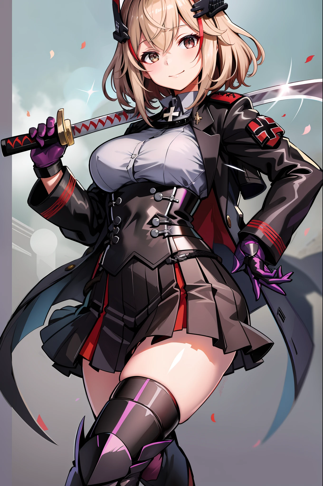 masterpiece, best quality, RoonV4, 1girl, solo, looking at viewer, smile, skirt, shirt, gloves, long sleeves, closed mouth, standing, jacket, upperbody, sidelocks, pleated skirt, boots, black gloves, collared shirt, miniskirt, black skirt, black footwear, black jacket, buttons, headgear, knee boots, cross, armband, grey shirt, cropped jacket, iron cross,katana,katana in hand,Japanese katana,long blade katana,katana held with right hand,katana long blade 60cm,katana in the hand,with high katana with one blade,hand with high quality,just a katana,only one blade,held on the side of the tsuka,tsuka,katana best qualit,