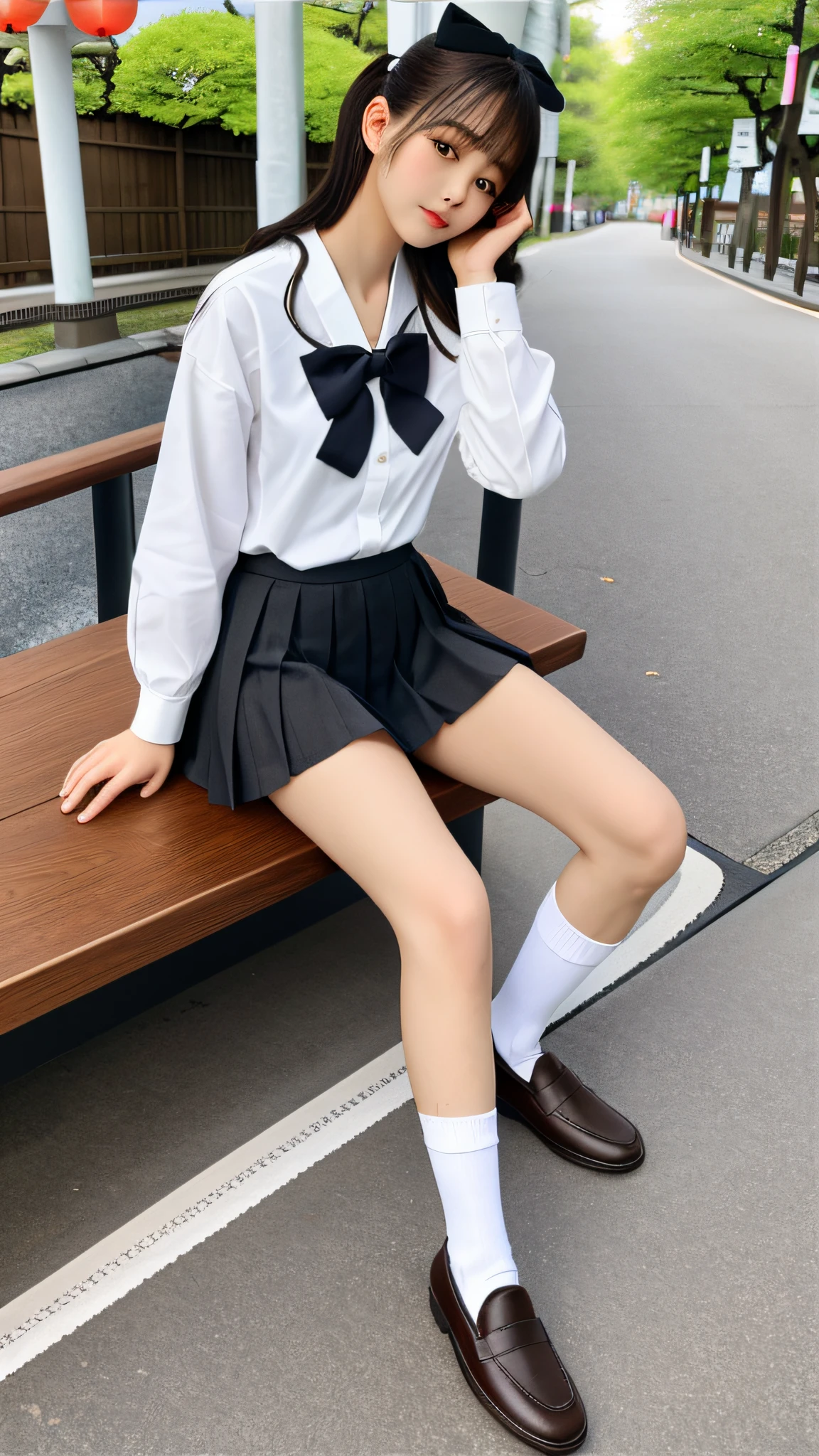 Undergarment, Pictures of 14-year-old women, Cute, ((Japan Idol)), Shaved, Sitting, Panty shot, Spread legs, Skirt, School uniform, Socks, Black hair, Shirt, Blurred, Blurred background, White shirt, Loafers, Realistic, Long hair, Lips, Brown eyes, White socks, Bow tie, Pleated skirt, Bow, Headrest, Sideways, Outdoors, Brown footwear, Masterpiece, Top quality, ultra-detailed,