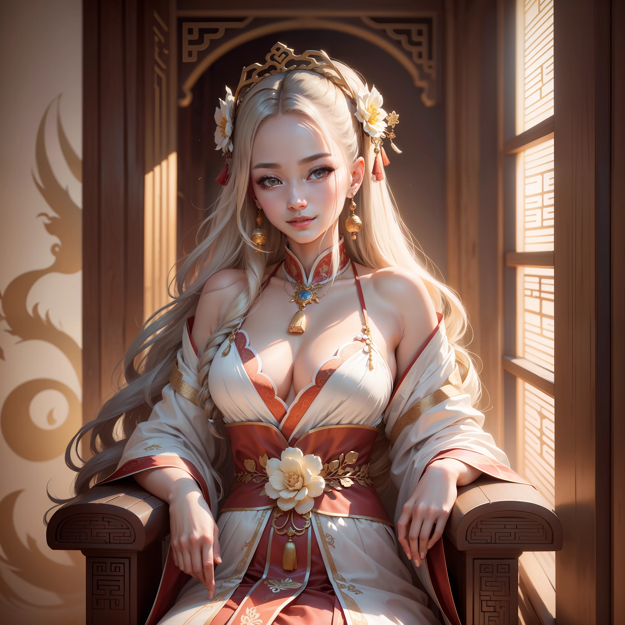 Best quality, masterpiece, high resolution, 1 girl, (Hanfu: 1.2), (gold thread stitching: 1.1), white translucent silk dragon robe, (translucent silk dragon robe: 1.3), (inside ancient Chinese palaces: 1.2), (smile: 1.1), lips, dress, (hair accessories: 1.2), (ancient Chinese dragon chair: 1.3), necklace, (jewelry: 1.1), long hair, huge chest, earrings, delicate beautiful eyes, delicate eyelashes, beautiful face, upon_body , Tyndall Effect, (Realistic: 1.2), Edge Lighting, Two-tone Lighting, (High Detail Skin: 1.2), 8K UHD, DSLR, Soft Light, High Quality, Volumetric Light, Snapshot, (Photo: 1.1), High Resolution, Highest, High Resolution, Detailed Eyelashes, Beautiful Face, Body, Tyndall Effect, Two-tone Lighting, (High Detail Skin: 1.2), 8K Ultra HD, Soft Light, High Quality, Volume Lighting, Candid Shooting, (Low Angle Shooting: 1.1),