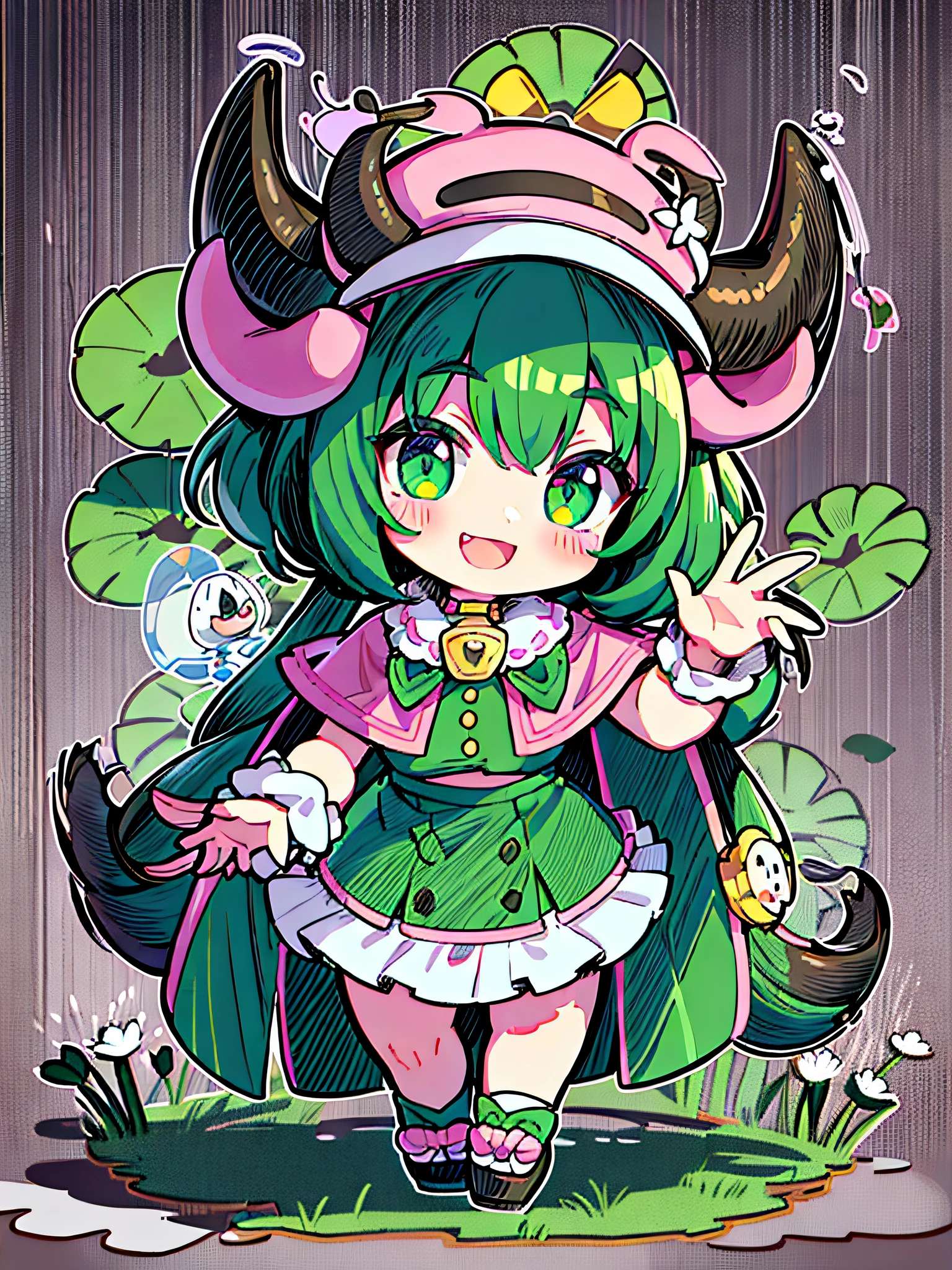 A cute cartoon scalper with two black horns, big eyes, big mouth and smile, blush, cow face, cow head ((pink lotus-shaped hat)), green leaves around the neck, green cape on the back, open hands, full body picture, mascot