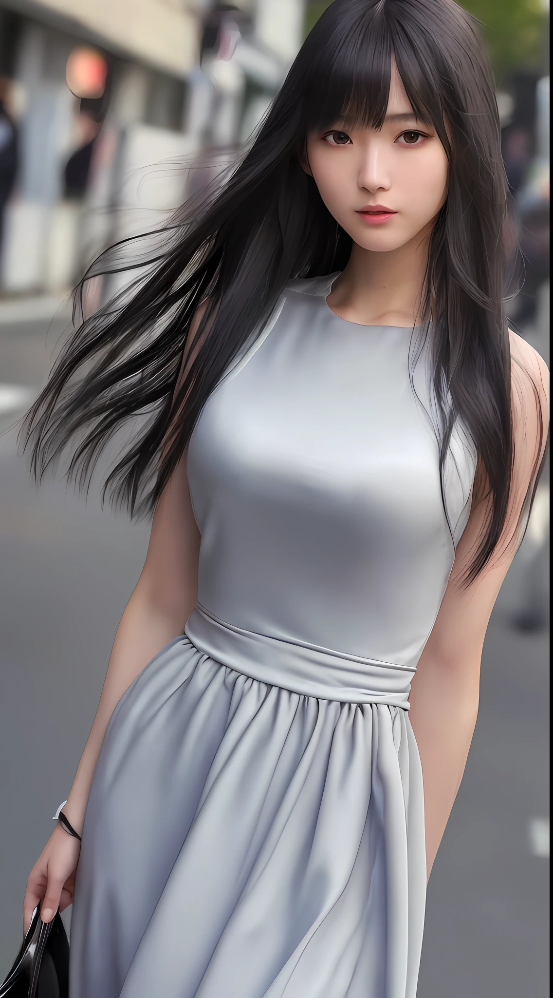 Best quality, super detail, masterpiece, fine detail, high resolution, portrait, 8k wallpaper, realistic details, clothing details, skin details, detailed eyes, photoshop \ (medium \), slim body, 1 girl, Japan people, 30 years old, beautiful eyes, bare skin, well-formed face, bangs, blunt bangs, huge, (pleasant look), mouth open, close-up, white skin, long hair, black hair, Gray dress, walking on the street, hard breasts, hair fluttering, ears visible, only the upper body visible, not visible from the waist up