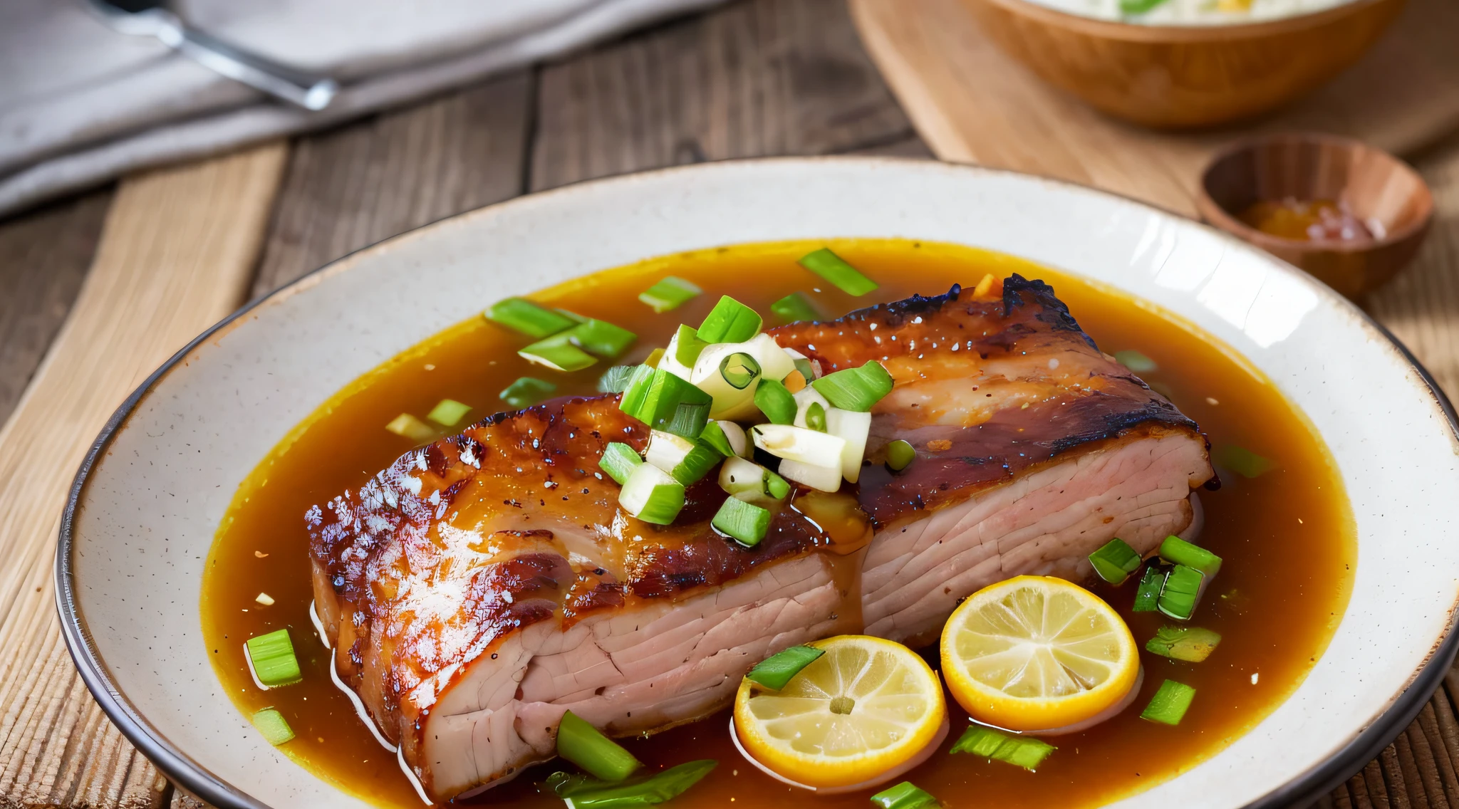 A shiny red piece of pork belly, tender, fat and lean, with a caramel rind, and possibly some green onion and ginger slices on top. You can focus on the texture of the meat and the luster of the fat, as well as the color of the soup. At the same time, some decorative elements, such as lotus pieces or other vegetables as embellishments, can be added to add visual effects to the whole painting.