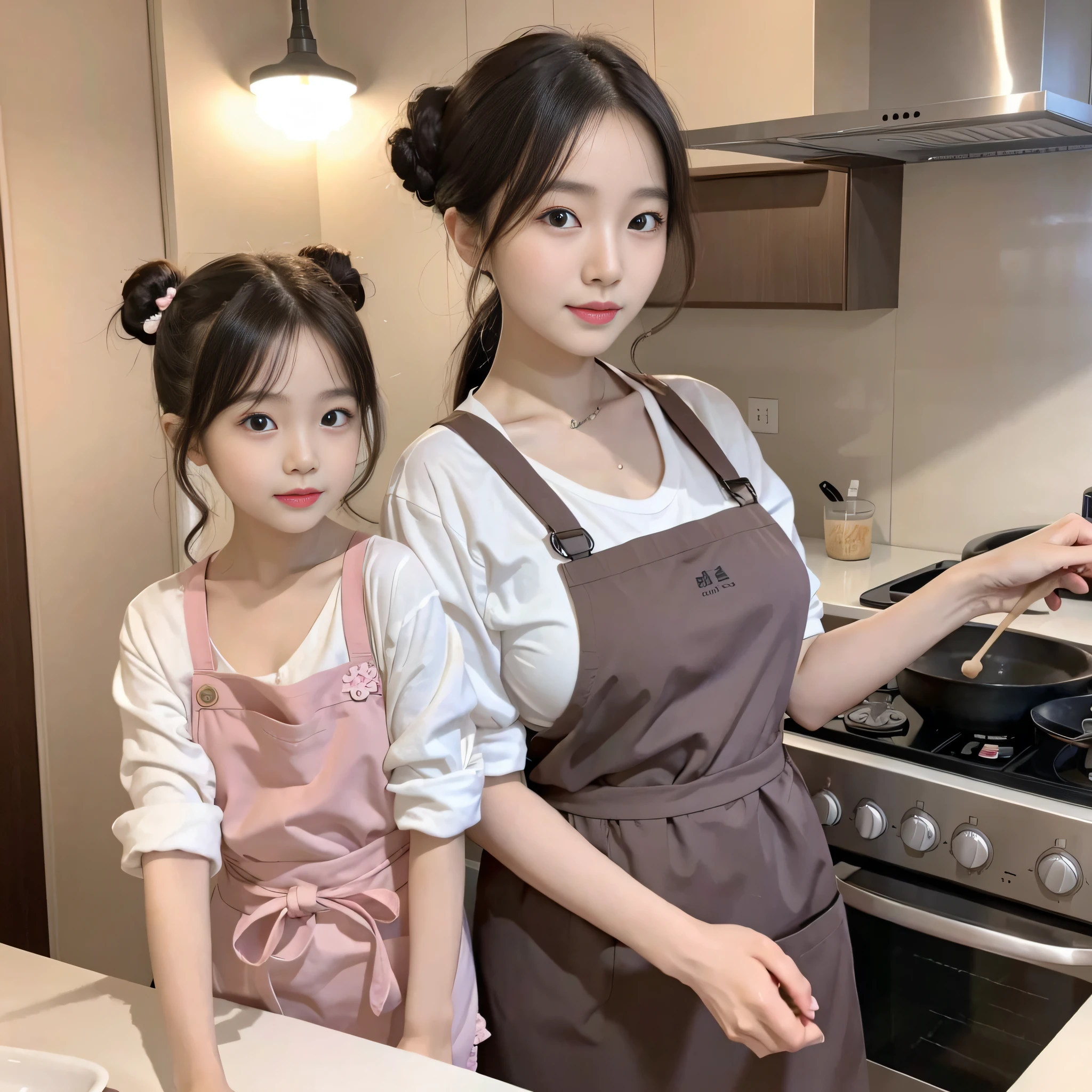 Cute Korean very little girl with cologne 5 years old Chinese mother 52 years tall with bun hair and apron 52 years old 168cm tall, girl wants mother's breast milk