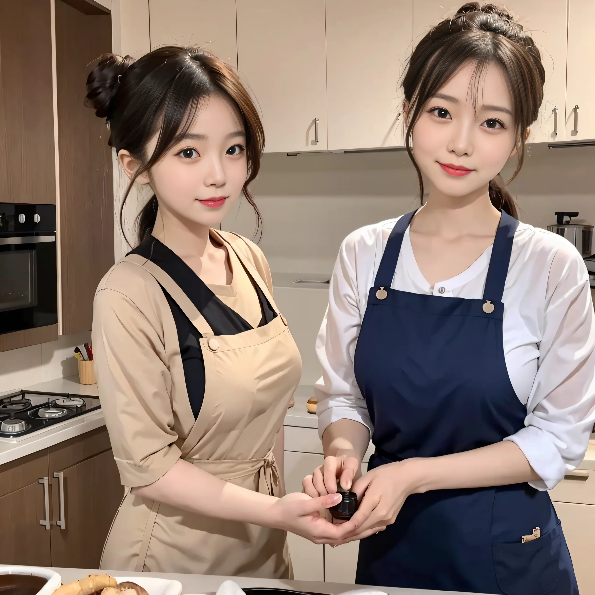 Cute Korean very little girl with cologne 5 years old Chinese mother 52 years tall with bun hair and apron 52 years old 168cm tall, girl wants mother's breast milk