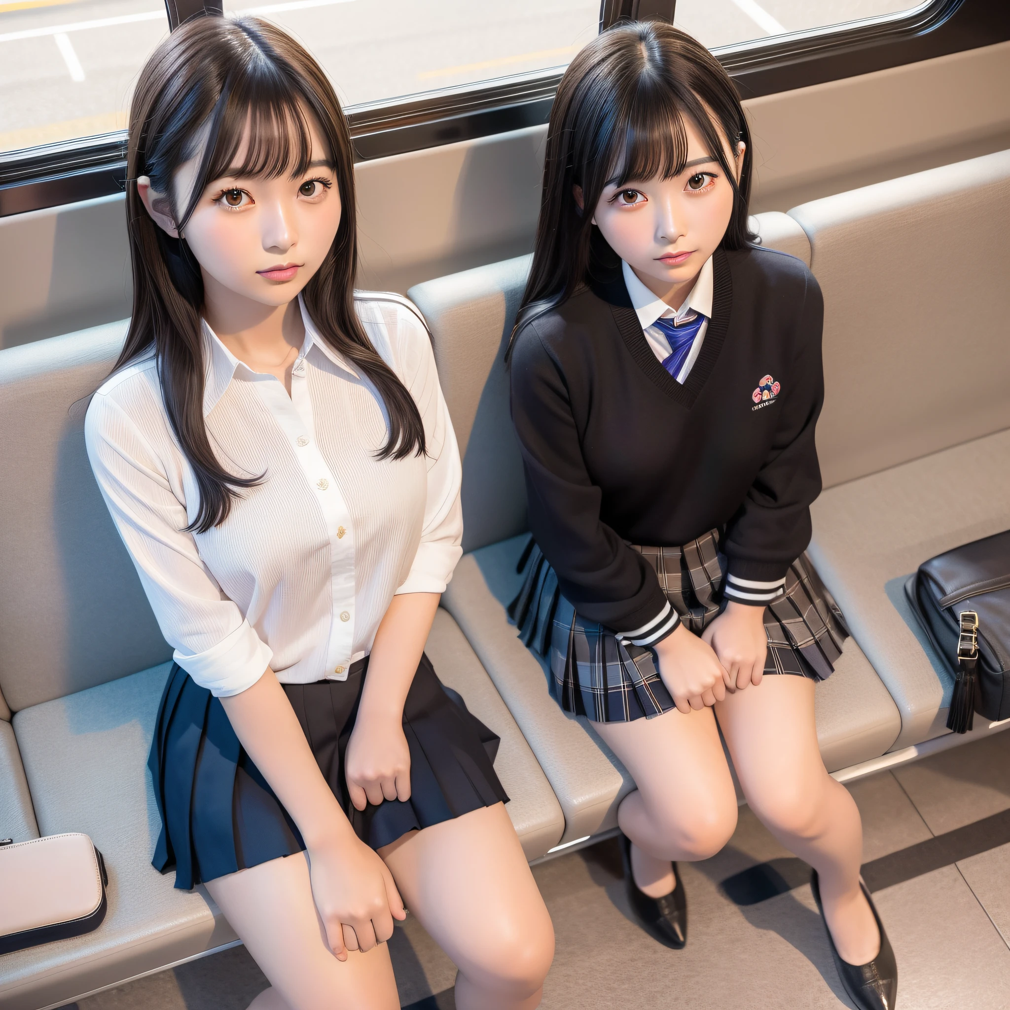 Araffe Asian woman sitting on a bus seat with crossed legs, Japanese girl school uniform, uniform, pleated skirt, young realistic engraving idol, a hyperrealistic student, handsome student, young beautiful engraving idol, chiho, sat on the train,