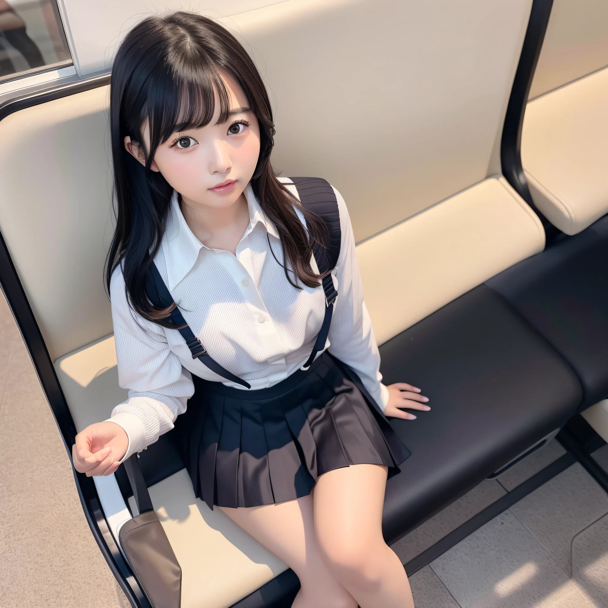 Araffe Asian woman sitting on a bus seat with crossed legs, Japanese girl school uniform, uniform, pleated skirt, young realistic engraving idol, a hyperrealistic student, handsome student, young beautiful engraving idol, chiho, sat on the train,