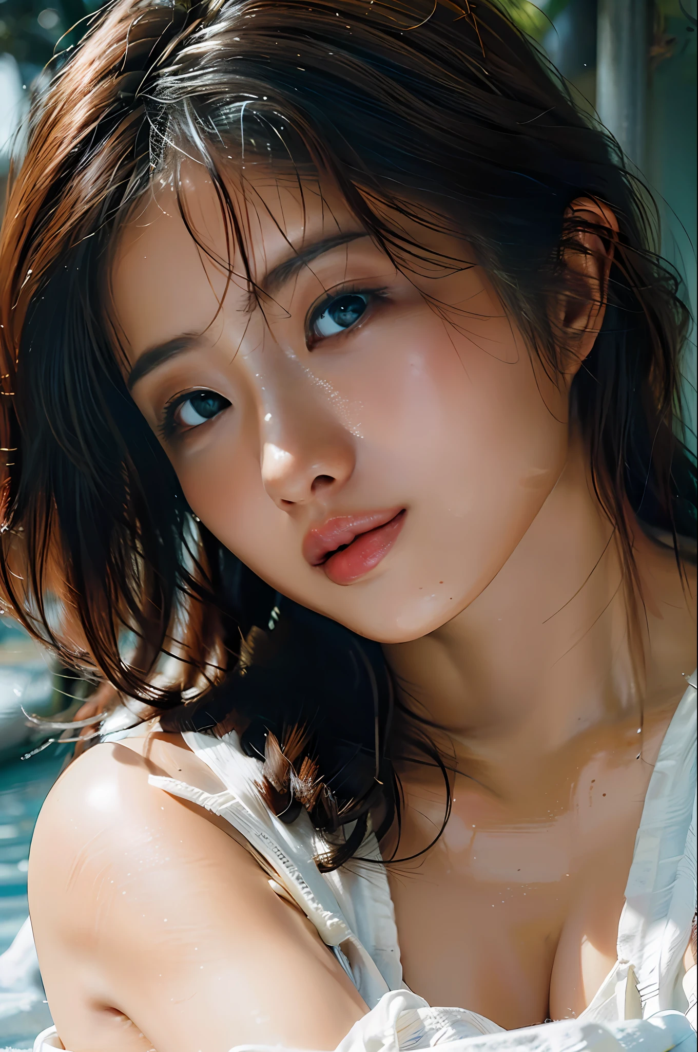 Best quality, masterpiece, ultra high res, (photorealistic:1.4), raw photo, 1girl, DARK hair, shiny skin, WET BODY, dramatic lighting, full body, bitch, micro bikini, huge breasts