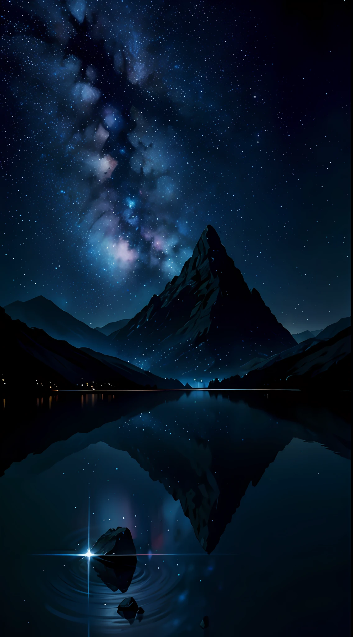 silence, (scenery, starry sky in water mirror:1.2), masterpiece, best quality, HDR, rocks, mountain range, darkness, nebula, particle, perspective, cinematic shadow, sharp focus, highres, photography, realistic, highest detailed, extreme detailed, ultra detailed, finely detail, starry sky