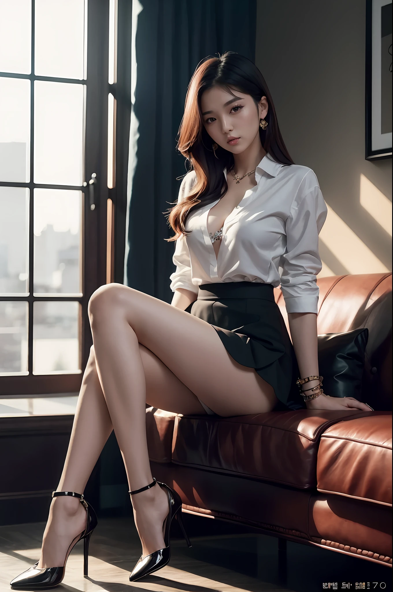 arafed woman sitting on a couch wearing high heels and a white shirt, korean girl, sexy style, gorgeous young korean woman, korean women's fashion model, beautiful south korean woman, elegant seducing pose, sexy girl, sexy look, photo of slim girl model, korean woman, beautiful young korean woman, sexy pose, smooth white tight clothes suit, very sexy outfit