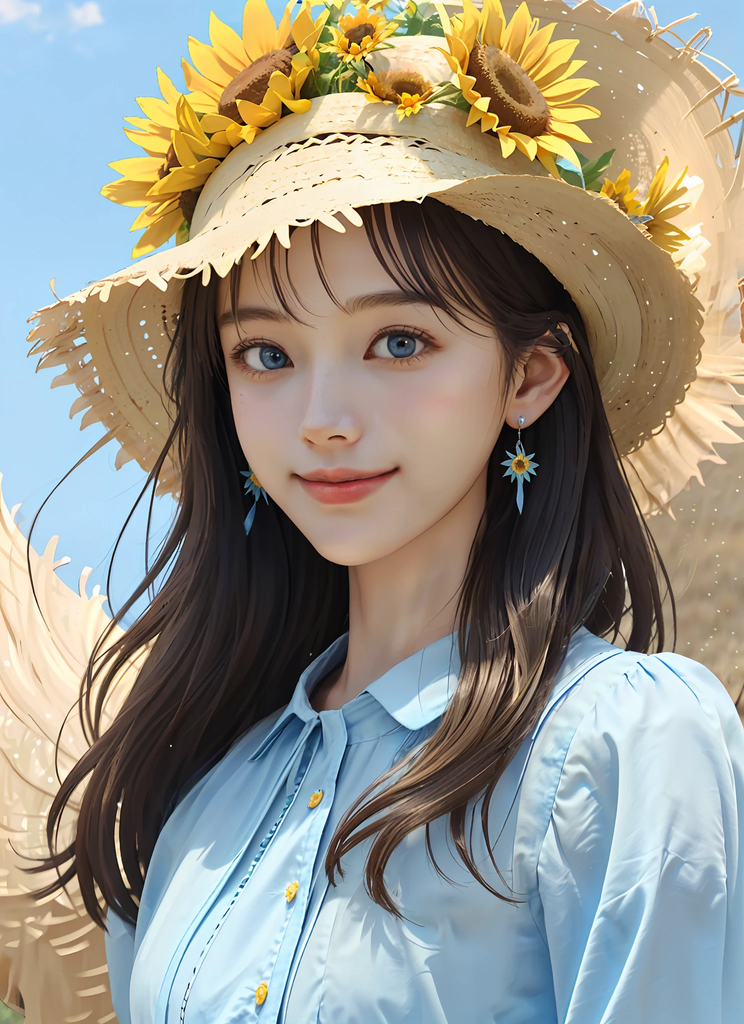 Summer, blue sky, yellow sunflower flowers on straw hat top, straw hat on head, long black brown hair, light blue shirt, earrings, blue eyes, delicate hair, wind blowing, smile, girl, photo scene, movie lighting