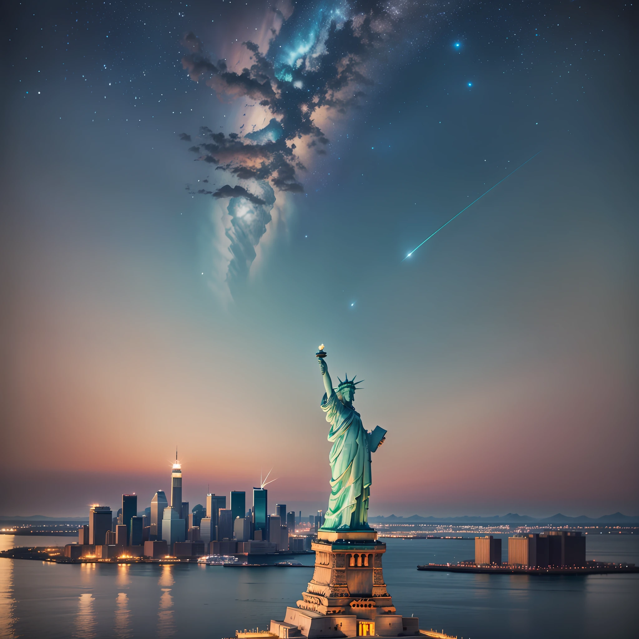 Aerial view of Statue of Liberty with many lights, Statue of Liberty, amazing wallpaper,hyper realistic photo of Statue of Liberty, Statue of Liberty by Raymond Han, beautiful night, beautifully lit, elusive night, starry sky, beautiful and aesthetic, photography, cinematic, 8k, high detailed. --auto --s2