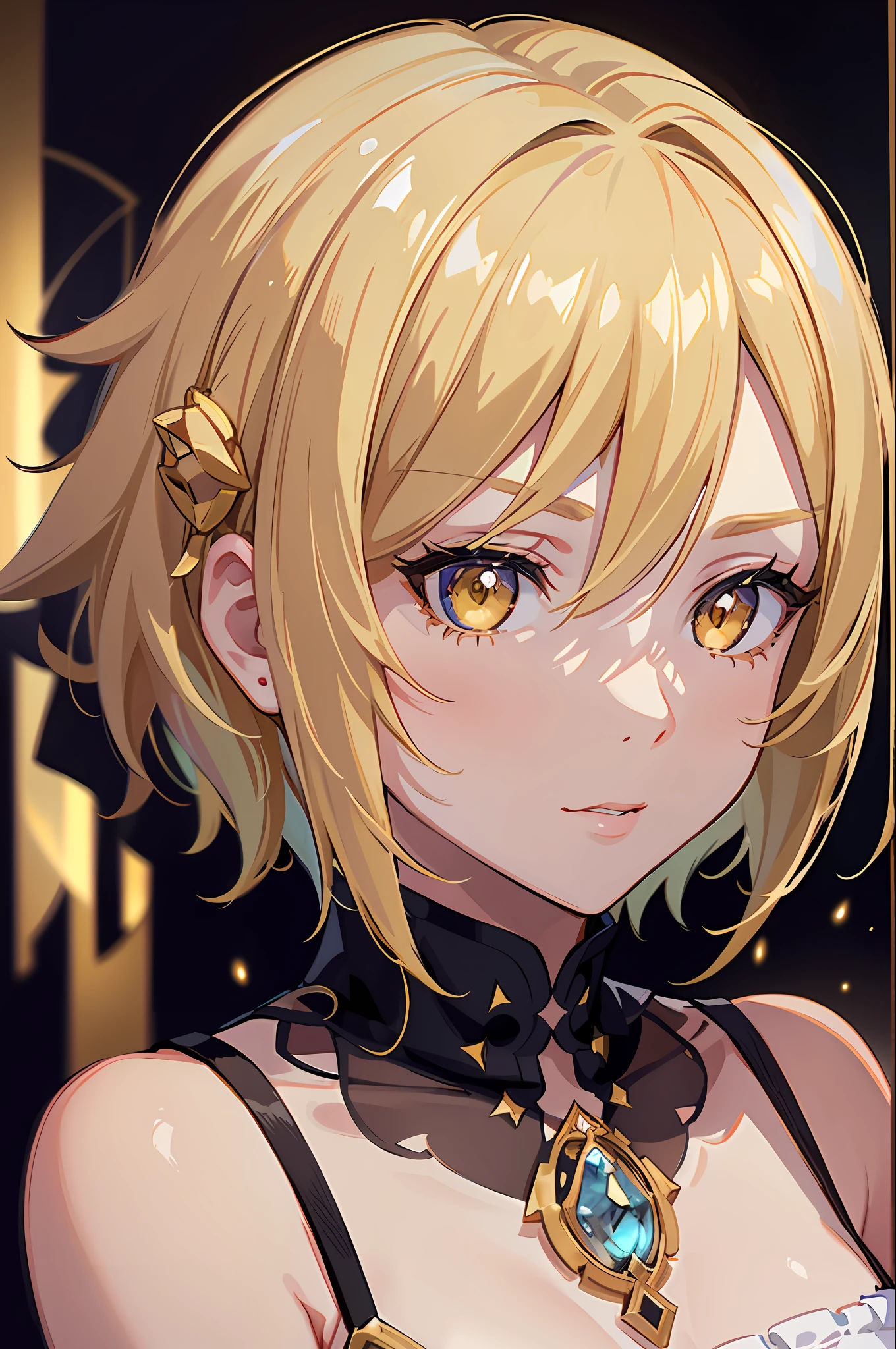 umine \(genshin impact\), short hair, blonde hair, yellow eyes, 1girl, upper body, dark lighting, looking at viewer, (epic), (elegant), ((hyper detailed)), ((best quality)), bloom, (first_person_view), shine, glimmers, bright pupils, lighting, hood down, (masterpiece, sidelighting, finely detailed beautiful eyes: 1.2)