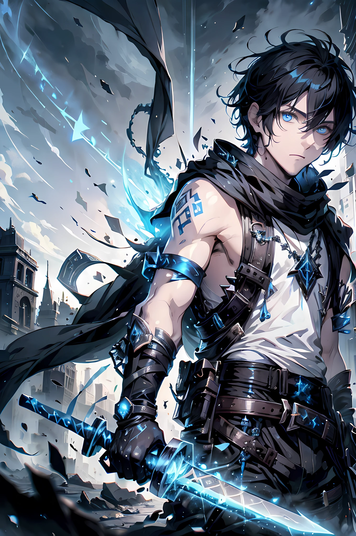 (absurdres, highres, ultra detailed), masterpiece, best quality, real light and shadow, solo, a boy with black hair, white sleeveless outfits, handsome, finely eye, detailed face, detailed eye, black scarf, two swords, dual-swords, a swords surround by blue flame, tattoo, from below, look down, ruined city, dark background, swirl, spark, cowboy shot, BREAK, blue eyes, BREAK, GlowingRunes_paleblue sword,