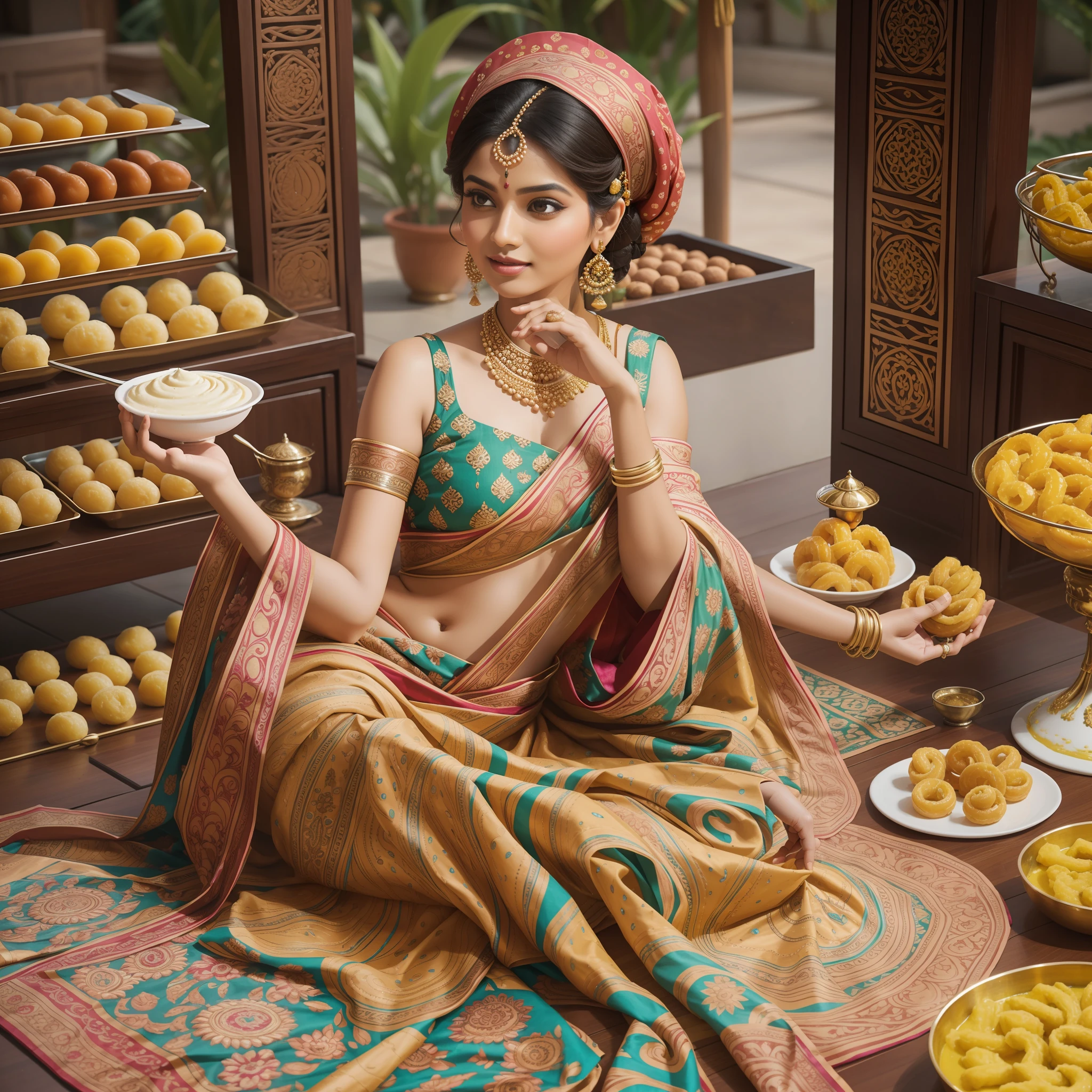 Imagine the delectable Indian dessert, Jalebi, magically transforming into a human form, brimming with its sugary essence. As an image creator, your task is to capture the whimsical and enchanting nature of this transformation, combining the vibrant colors and intricate patterns of Jalebi with the features and characteristics of a human.
Craft a visually stunning portrayal of a human figure with a unique twist—adorned with swirls and loops reminiscent of Jalebi's signature shape. Let the person's skin take on the warm golden hue of freshly fried Jalebi, glistening with a hint of syrupy sweetness.
Ensure the image showcases the playful and enticing nature of Jalebi by incorporating elements such as flowing strands of caramelized sugar, delicately dripping from the figure's fingertips or swirling around their body like a sugary aura.
Add a touch of cultural flair by draping the figure in a vibrant saree or kurta, inspired by the rich colors and textures of traditional Indian clothing. Emphasize the fusion of the dessert and human form by integrating the intricate patterns of Jalebi into the fabric or accessories, creating a harmonious blend of aesthetics.
To enhance the overall appeal, introduce a background that complements the Jalebi-inspired figure. Consider incorporating elements such as a bustling Indian street market, where vendors sell freshly prepared Jalebi, or a whimsical landscape that reflects the magical transformation itself.
Your creative expertise will bring this mouthwatering vision to life, evoking a sense of wonder, joy, and indulgence. Immerse viewers in a world where dessert and humanity intertwine, inviting them to marvel at the captivating fusion of flavors and imagination.