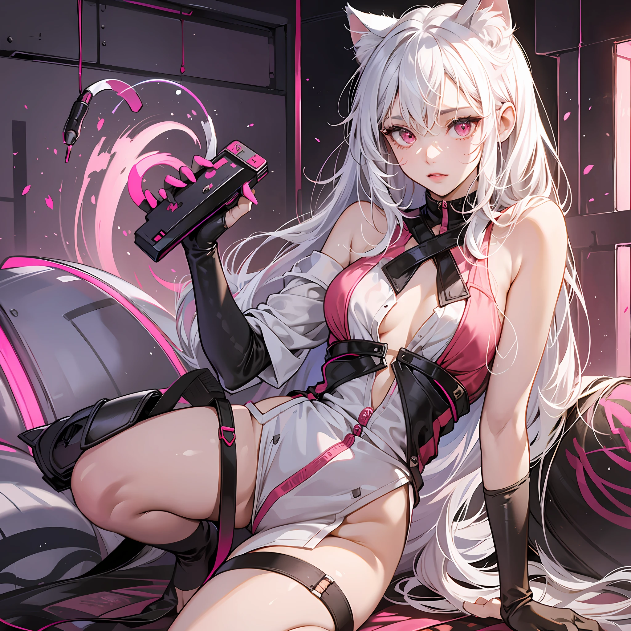 1girl, solo, white hair, red pink eyes, masterpiece, best quality, dirty, exposed skin, looking at around, full body, adult, cat ears, cat tail, dripping, hot, tight, bare skin, exposed, close up, detailed, pleasure, suprised expression, small breasts, no top, no bottoms, testing out vibrator, vibrator, toy, touching herself, normal,hands --auto --s2