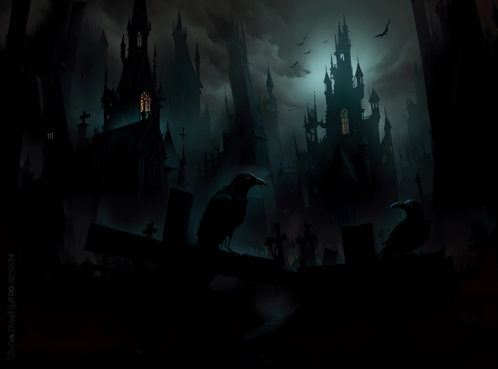 there are two birds sitting on a fence in the dark, dark graveyard scene, graveyard landscape at night, gothic background, scary magical background, graveyard background, dark nature background, graveyard landscape, foggy dark graveyard, creepy background, beautiful dark creepy landscape, crows as a symbol of death, an ecological gothic scene, in a graveyard, dark fantasy background, foreboding background, GothicPunkAI