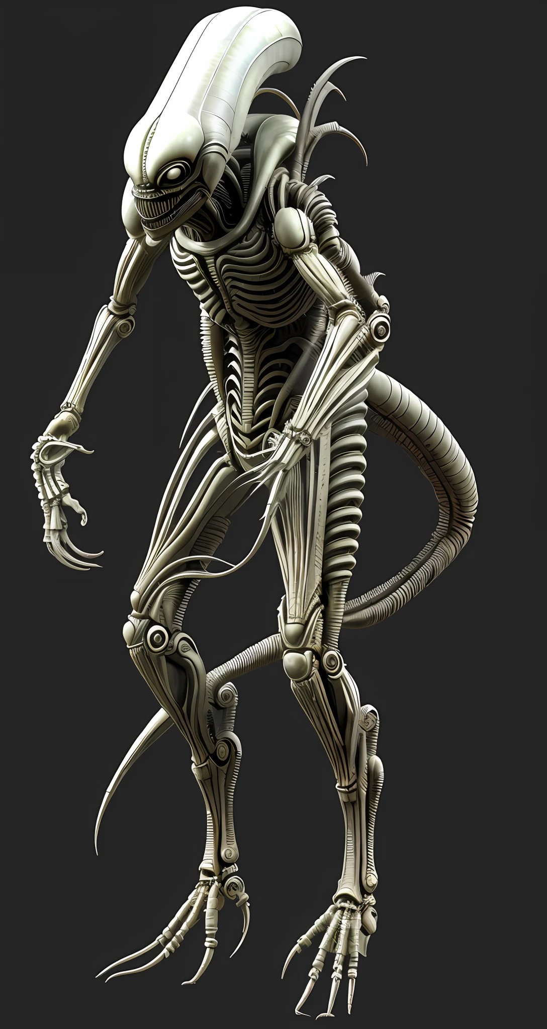 alien man with big head and legs, biomechanical xenomorph, giger xenomorph, alien design, giger biomechanical xenomorph, xenomorph, xenomorph, alien xenomorph, detailed humanoid, xenomorph alien, giger inspire, white xenomorph, 3d, realistic coloring