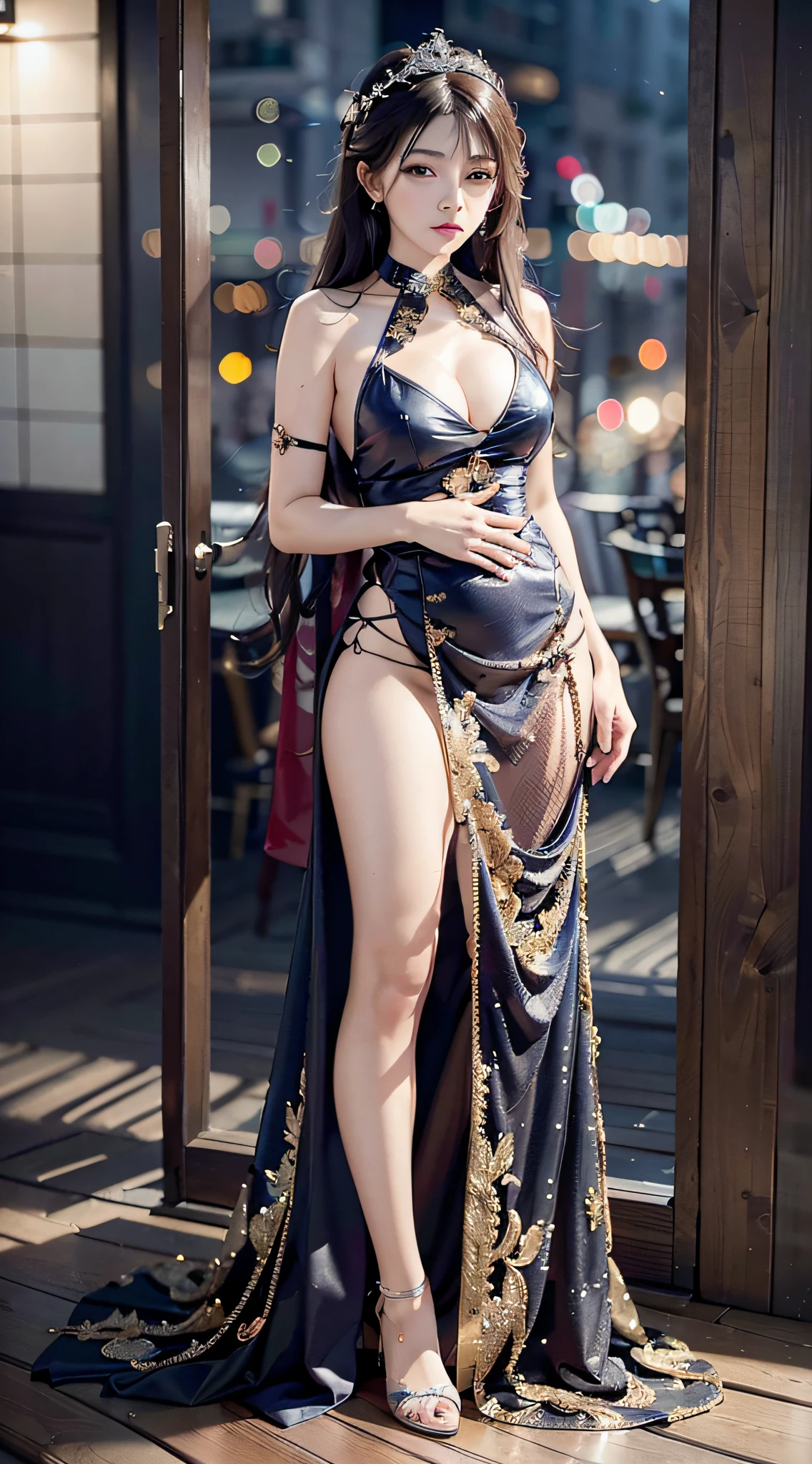 Full Body, 8k, RAW Photo, Best Quality, Masterpiece, High Detail RAW Color Photo, Professional Photo, (Realistic, Photorealism: 1.37), (High Detail Skin: 1.2), High Resolution, Beautiful and Detailed Eyes, (Hard Focus: 1.4), Jsll, A Woman in a Dress and Mask is posing