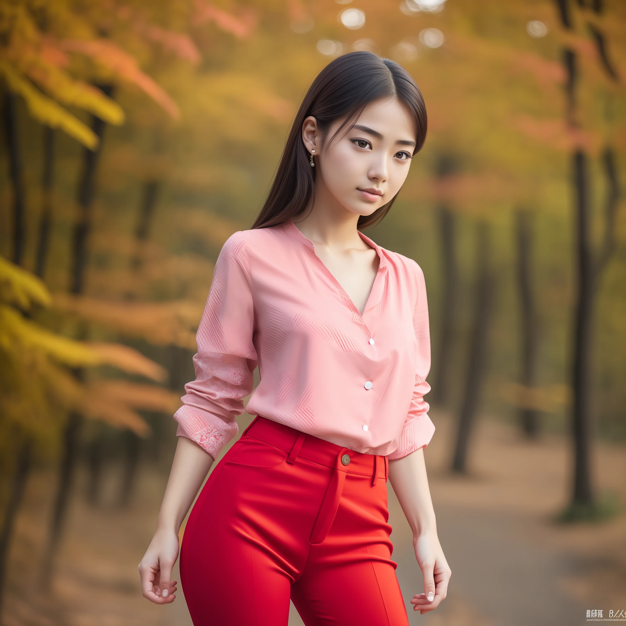 8k, RAW photo, top quality, masterpiece: 1.2), (realistic, photorealistic: 1.37), 1 girl, Japan, very beautiful face, freckled glossy face, 18 years old, female, professional lighting, photon mapping, radiosity, big, frugal, thin lashes, pink lip, slender, crotch, big, red blouse, red pants --auto --s2
