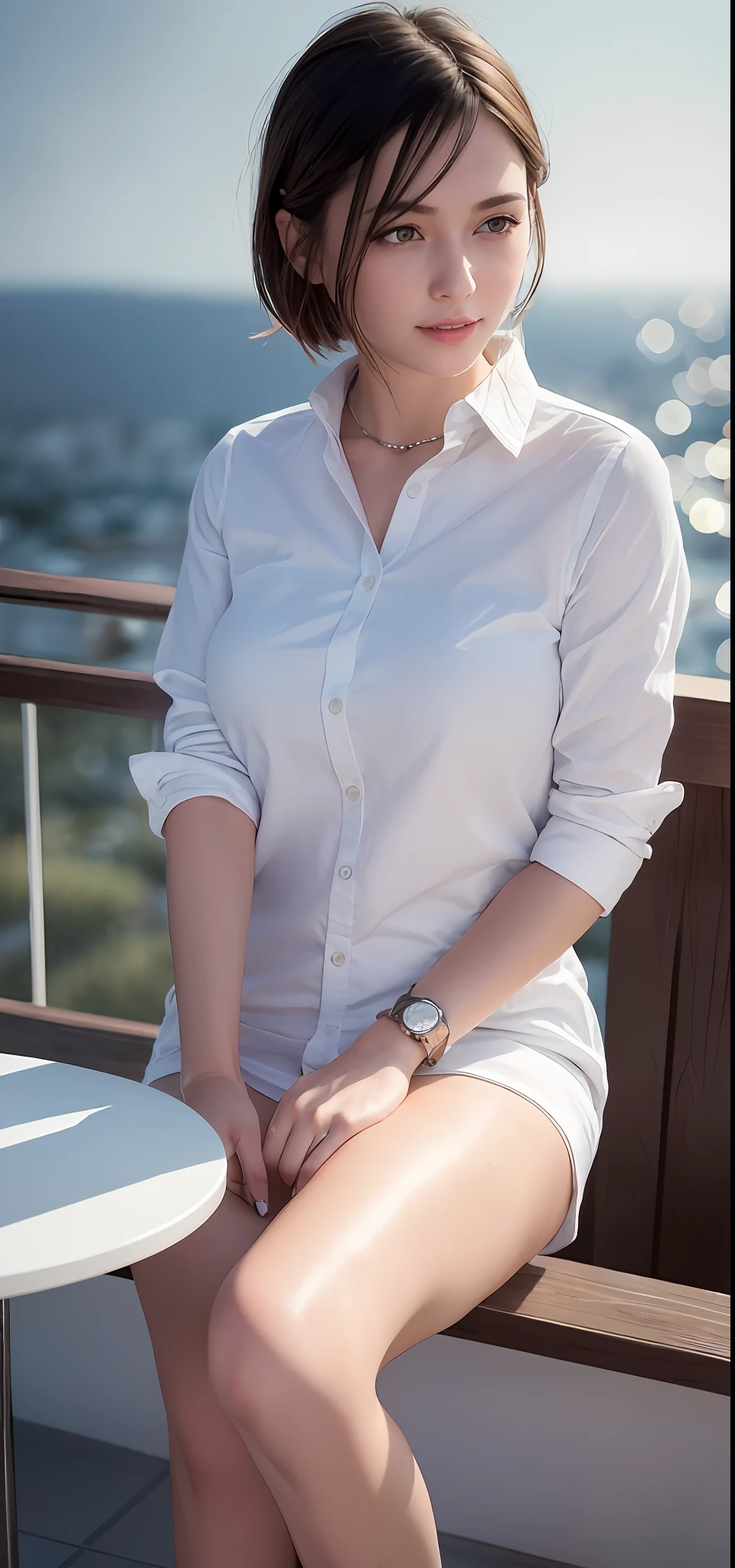(8k, best quality, masterpiece:1.2), (realistic, photo-realistic:1.37), ultra-detailed, 1 girl, cute, solo, beautiful detailed sky, detailed cafe, night, sitting, dating, (nose blush), (smile:1.15), (closed mouth) small breasts, beautiful detailed eyes, (collared shirt:1.1), night, wet, business attire, rain, white lace, (short hair:1.2), floating hair NovaFrogStyle, topless,
