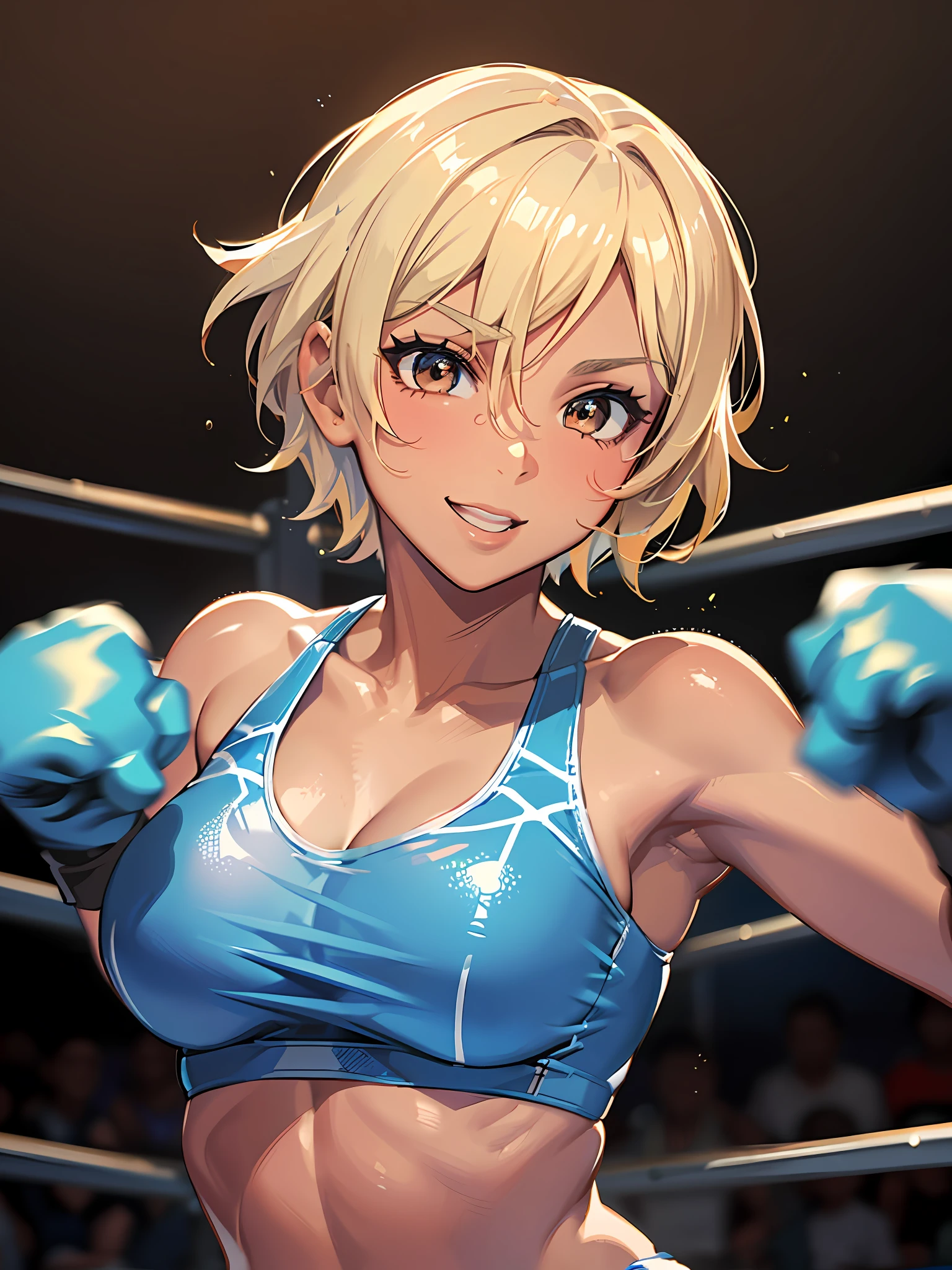 Women's boxing match. Blonde short-cut female boxer. ((brown skin)). Sexy lips. Fancy makeup. He's wearing blue boxing gloves. He smiles and punches. I'm wearing an orange sports bra. Black gal. Well-shaped boxing gloves. Countless punches