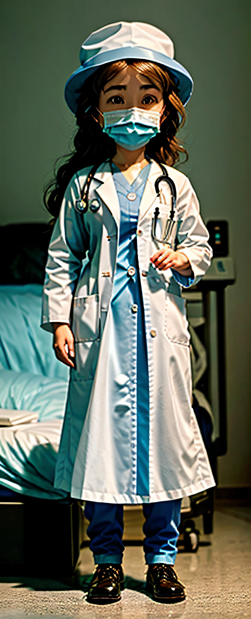 (Female doctor in blue frosted suit and hat: 1.2) sitting lazily on the bed, (tidying: 1.1) her own nurse's uniform, the operating room was empty and deserted, and she was alone. (Full body lens: 1.05), (Front shot: 1.05), (lens focal length close to face and full body: 1.1). Can be added (hospital scene: 0.9), (low light: 0.9).