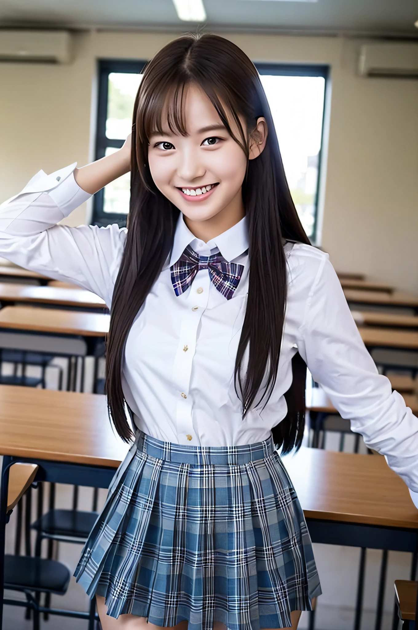 (Masterpiece, Best Quality: 1.2), Surreal Schoolgirl, Solo, One Girl, Smiling, Watch Viewer, Running, Uniform, White Shirt, Plaid Skirt, Thighs, Afternoon, Classroom Surreal Schoolgirl