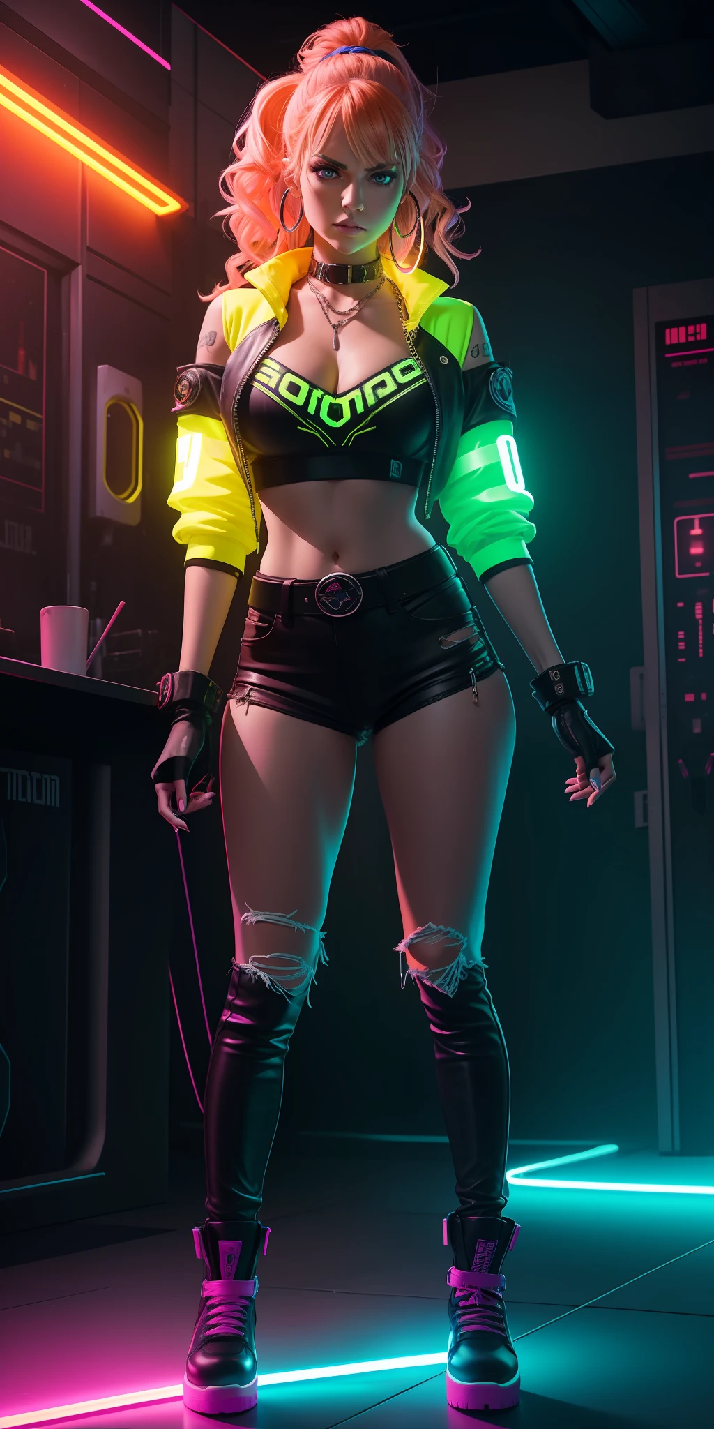 Glowing neon orange behind the back and neon blue and neon yellow on the floor representational style, woman, (thepit bimbo: 1.2)), cartoon, blue eyes, hoop earrings, detailed, skin texture, blond hair, full lips, full body perspective, collar, pink jacket, centered, tan leather long shirt, looking at Scenes, Your knees, 8k, highly detailed, glossy, [Nina Dobrev | Emma Stone], symmetrical, realistic, photo-realistic, split focus, frown, ripped jeans, studio lights, wide hips, glowing colors, glowing skin, wavy hair, cyberpunk, breast augmentation, fingerless gloves, neon lights, black sleeves, chain belt, black shoes, punk shoes, platform shoes,Glowing neon orange behind the back and neon blue and neon yellow on the floor