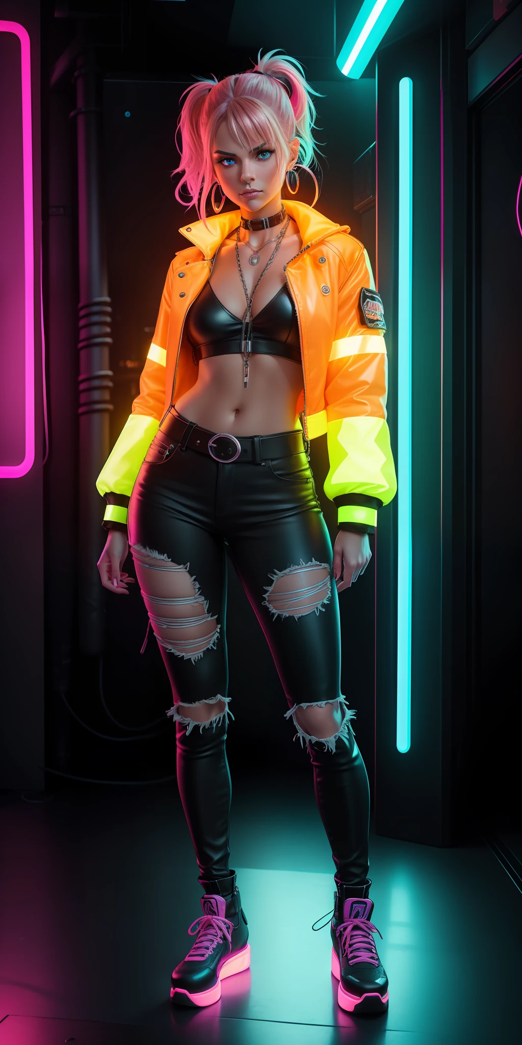 Glowing neon orange behind the back and neon blue and neon yellow on the floor representational style, woman, (thepit bimbo: 1.2)), cartoon, blue eyes, hoop earrings, detailed, skin texture, blond hair, full lips, full body perspective, collar, pink jacket, centered, tan leather long shirt, looking at Scenes, Your knees, 8k, highly detailed, glossy, [Nina Dobrev | Emma Stone], symmetrical, realistic, photo-realistic, split focus, frown, ripped jeans, studio lights, wide hips, glowing colors, glowing skin, wavy hair, cyberpunk, breast augmentation, fingerless gloves, neon lights, black sleeves, chain belt, black shoes, punk shoes, platform shoes,Glowing neon orange behind the back and neon blue and neon yellow on the floor