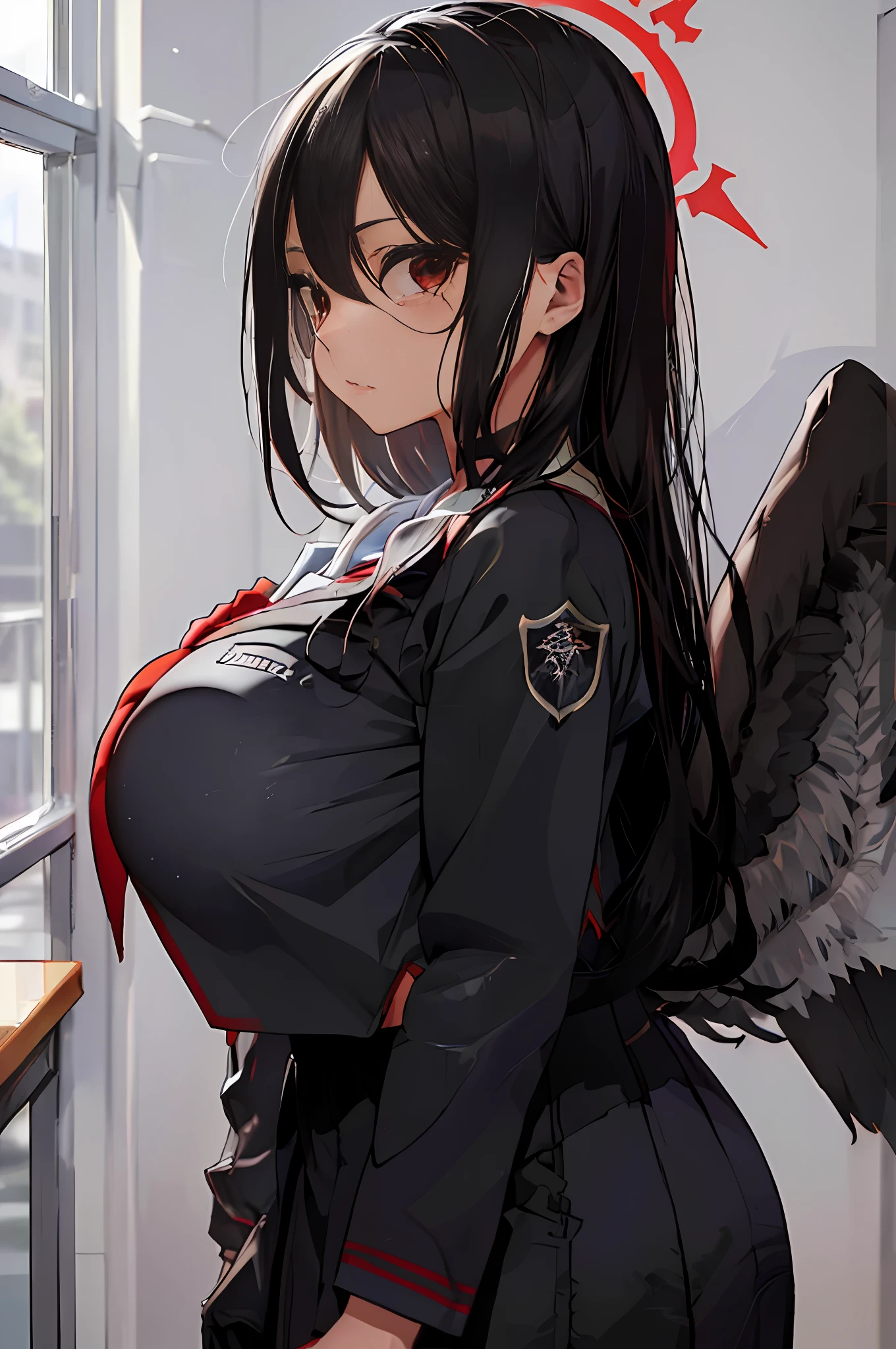 (masterpiece, top quality, best quality, beautiful and aesthetic:1.2), extremely detailed,school uniform, black hair, huge breast,  
looking at viewer, angry, takeda hiromitsu style,