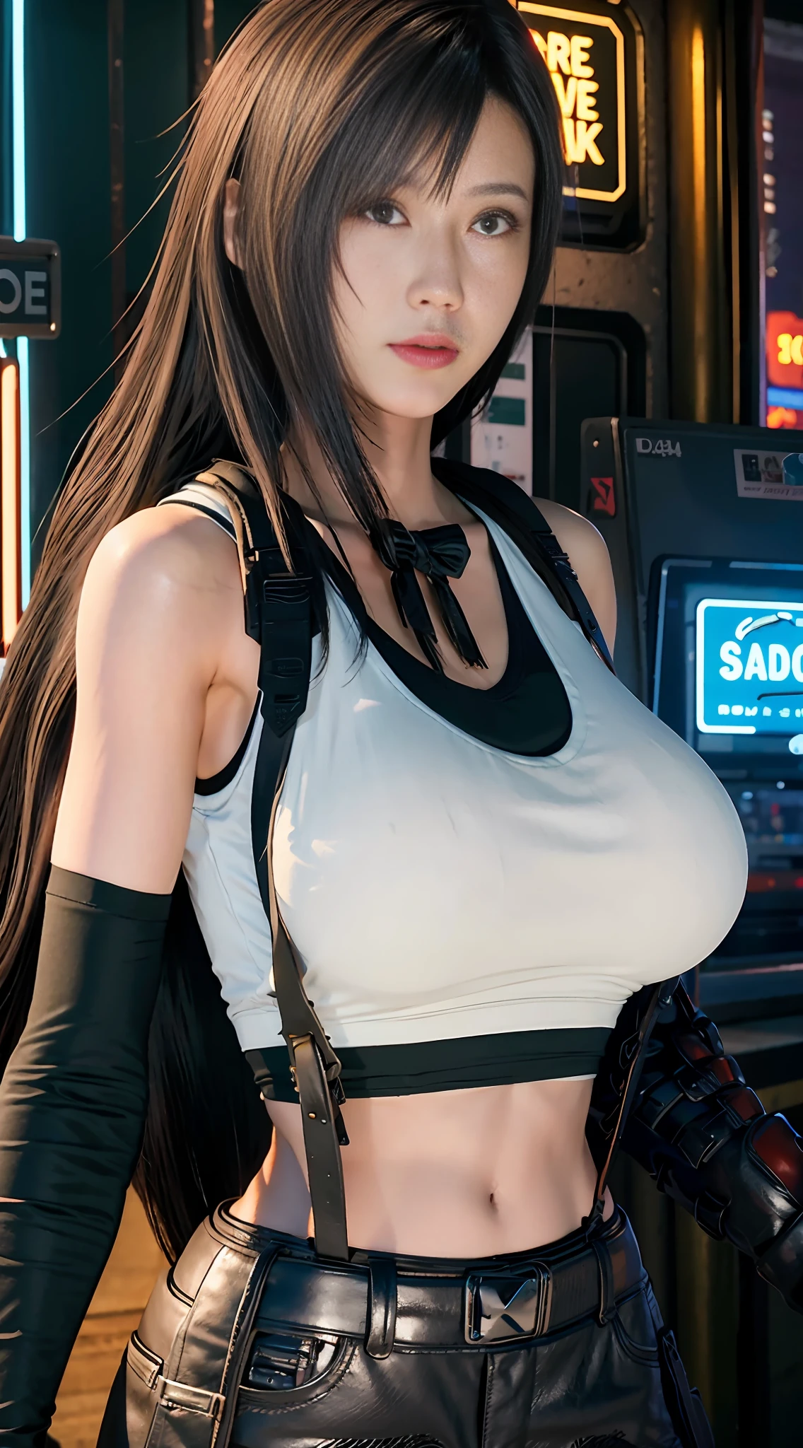Tifa lockhart, tifa_lockhart, ff7, serious face, (white tank top:1.2), black miniskirt, black long hair, long eyelashes, beautiful red eyes with brightness, surrealism, shadow, stereogram, (photorealistic, realistic: 1.2), POV, atmospheric perspective, cinematic lighting, ray tracing, 8k, super detail, best quality, masterpiece, well detailed, (Canan EOS R6, 135mm, 1/1250s, f/2.8, ISO 400:0.9), cyberpunk, neon, neon signs, ramen shops, (huge breasts:1.5) low tied hair,