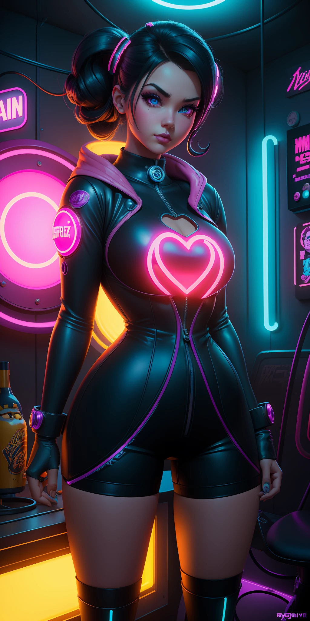Super Cute Neon Woman (Bombshell, Pin Style) Cartoon Character Bombshell, Pin Style Unreal Engine Warm Interior Lighting Station Art Detailed Digital Painting Character Design Mark Ryden Pixar Hayao Miyazaki Unreal 5 Dazz Hyper Real - Octane Neon Rendering