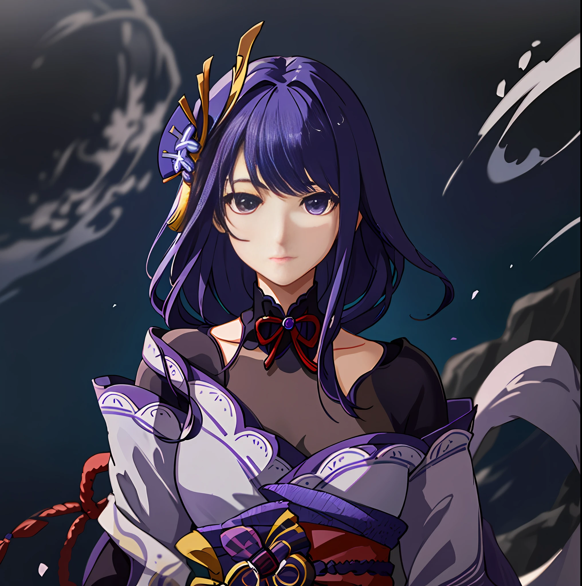 Portrait of Raiden Shogun, depicting her head and shoulders, with flowing locks that emit radiant blue light. The background is a mix of dark purple and black, with volumetric lighting casting an ethereal glow on the shogun's features.