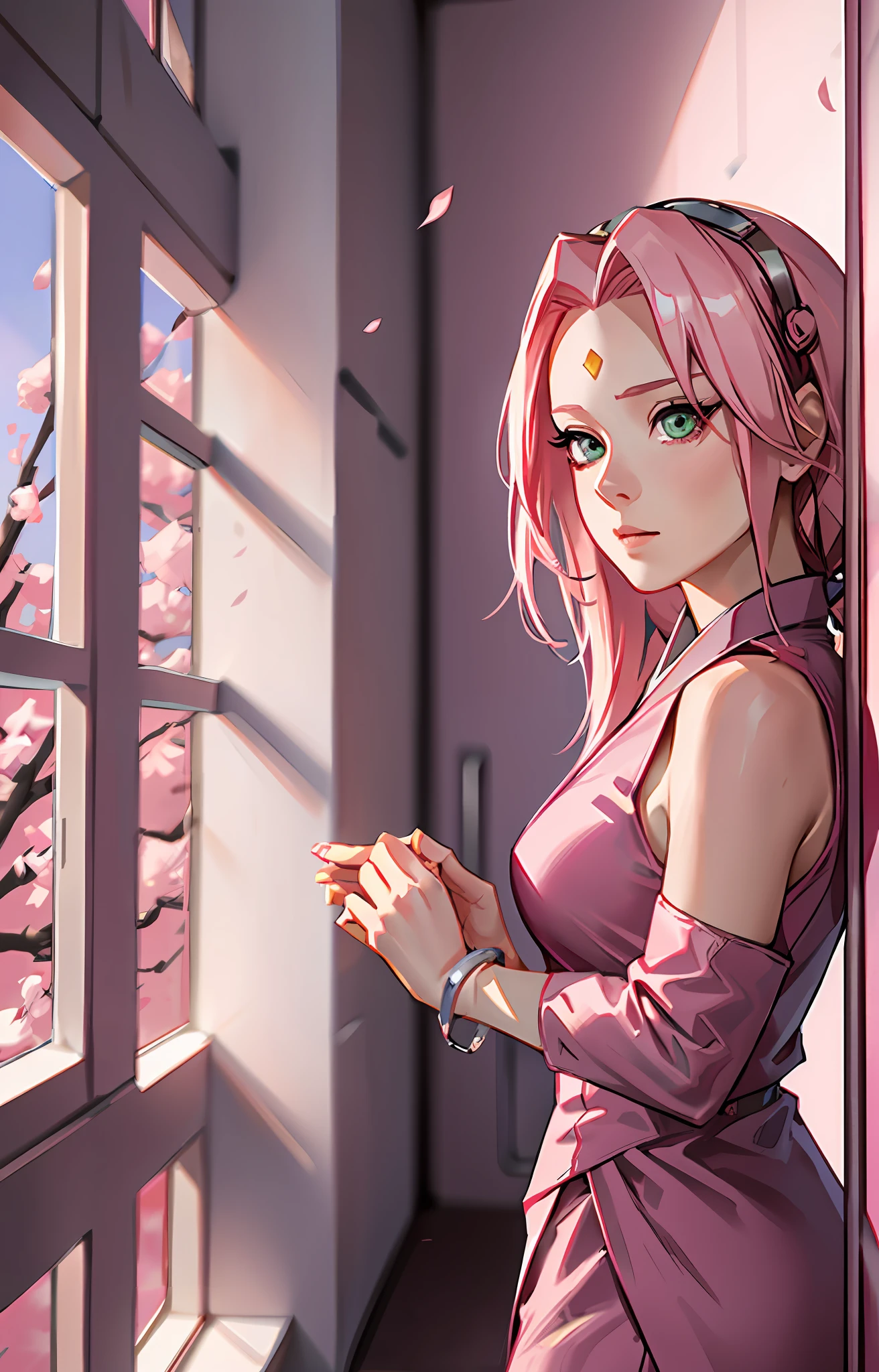 Sakura haruno, ((solo)), alone, ((forehead the show)), elegant,wearing a feminine suit, pink hair, delicate, young, long hair, detailed face, high definition, ((full body)), full body, ((serious)), in an office looking at the city outside the window, CEO, she is a beautiful woman of success, face with high quality,CEO