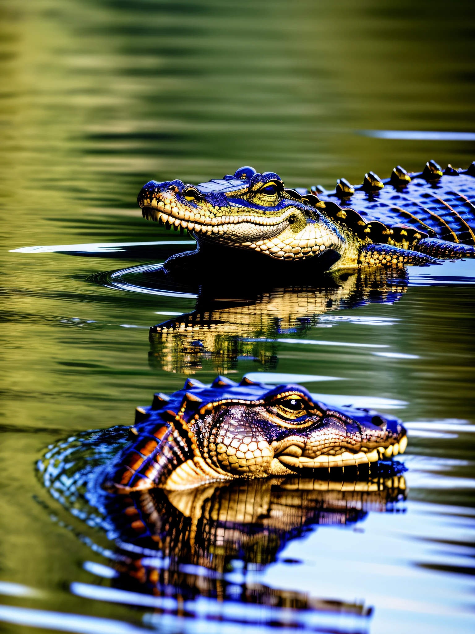 an alligator swimming in the river with its head out of the water eating a fish
