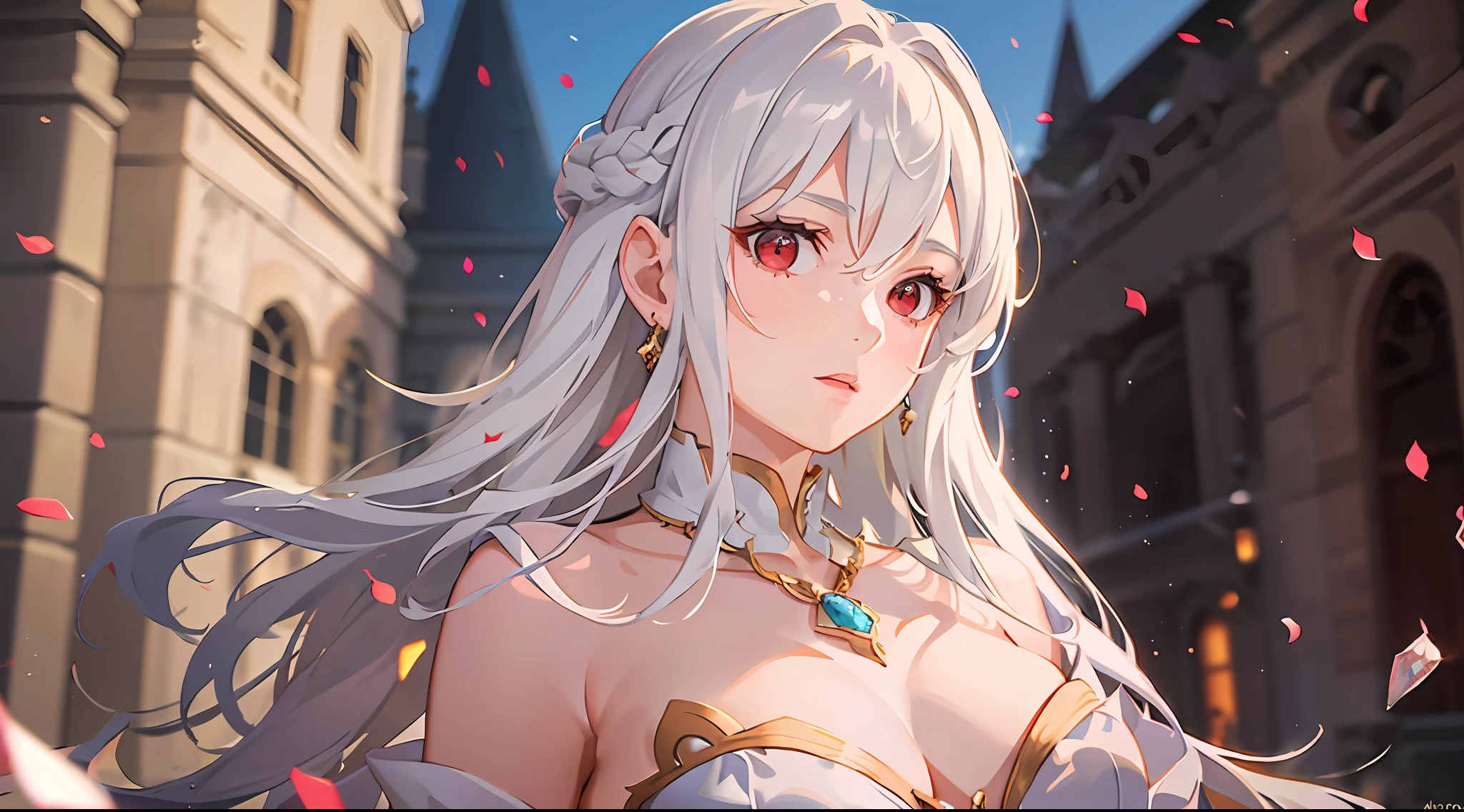 best quality, masterpiece,highly detailed,semi-realistic,1girl,mature female,upper body,cleric,hiqcgbody,medium breasts,cleavage,perfect face,red eyes,white hair,ornament,gem,necklace,castle in background,depth of field,blurry background,looking at viewer,motion blur,dynamic angle,