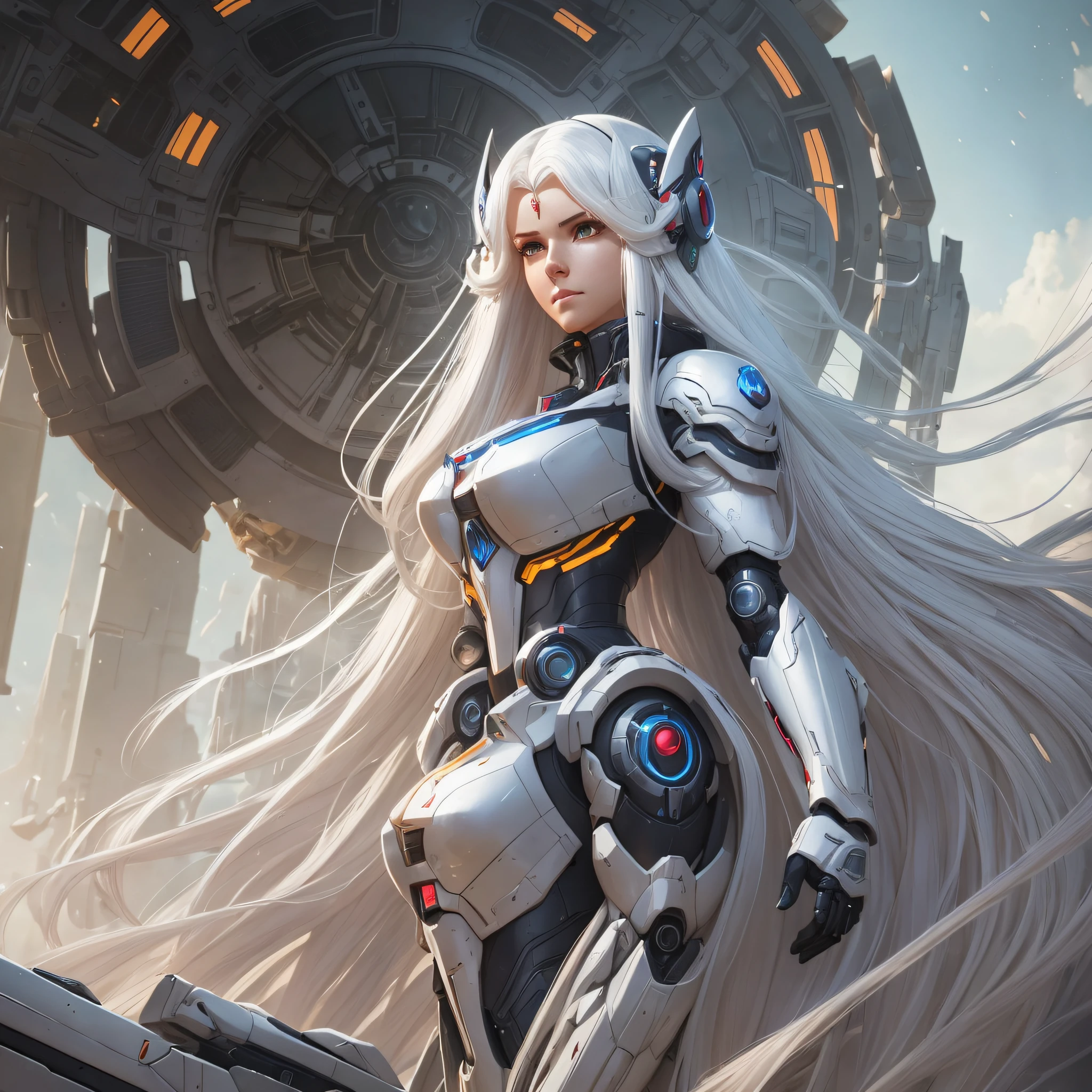 Style image of a woman with long white hair, mecha princess, WLOP, Mars Ravelo and Greg Rutkowski art (high detail skin: 1.2), 8k UHD, DSLR camera, soft lighting, high quality, film grain, --auto --s2