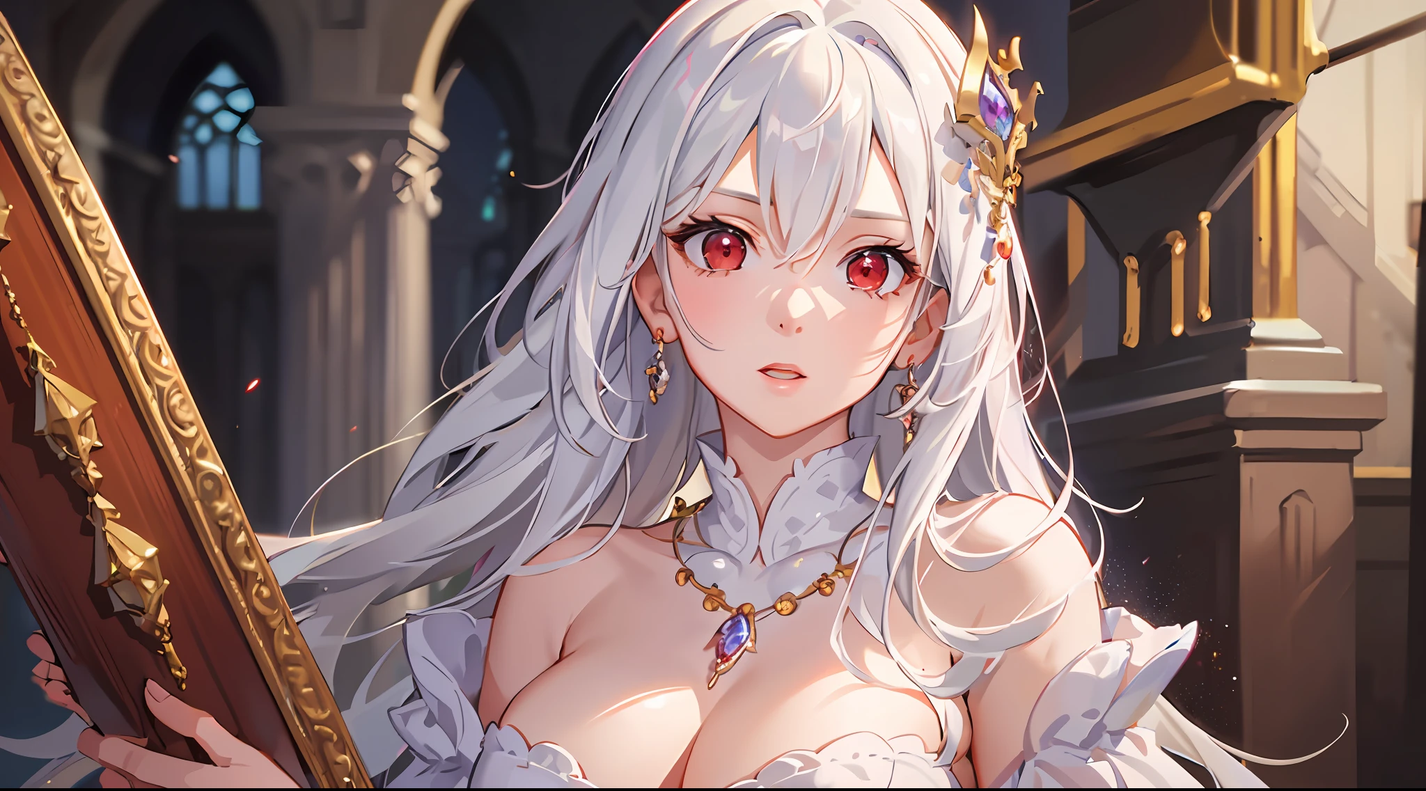best quality, masterpiece,highly detailed,semi-realistic,1girl,mature female,upper body,cleric,hiqcgbody,medium breasts,cleavage,perfect face,red eyes,white hair,ornament,gem,necklace,castle in background,depth of field,blurry background,looking at viewer,motion blur,dynamic angle,