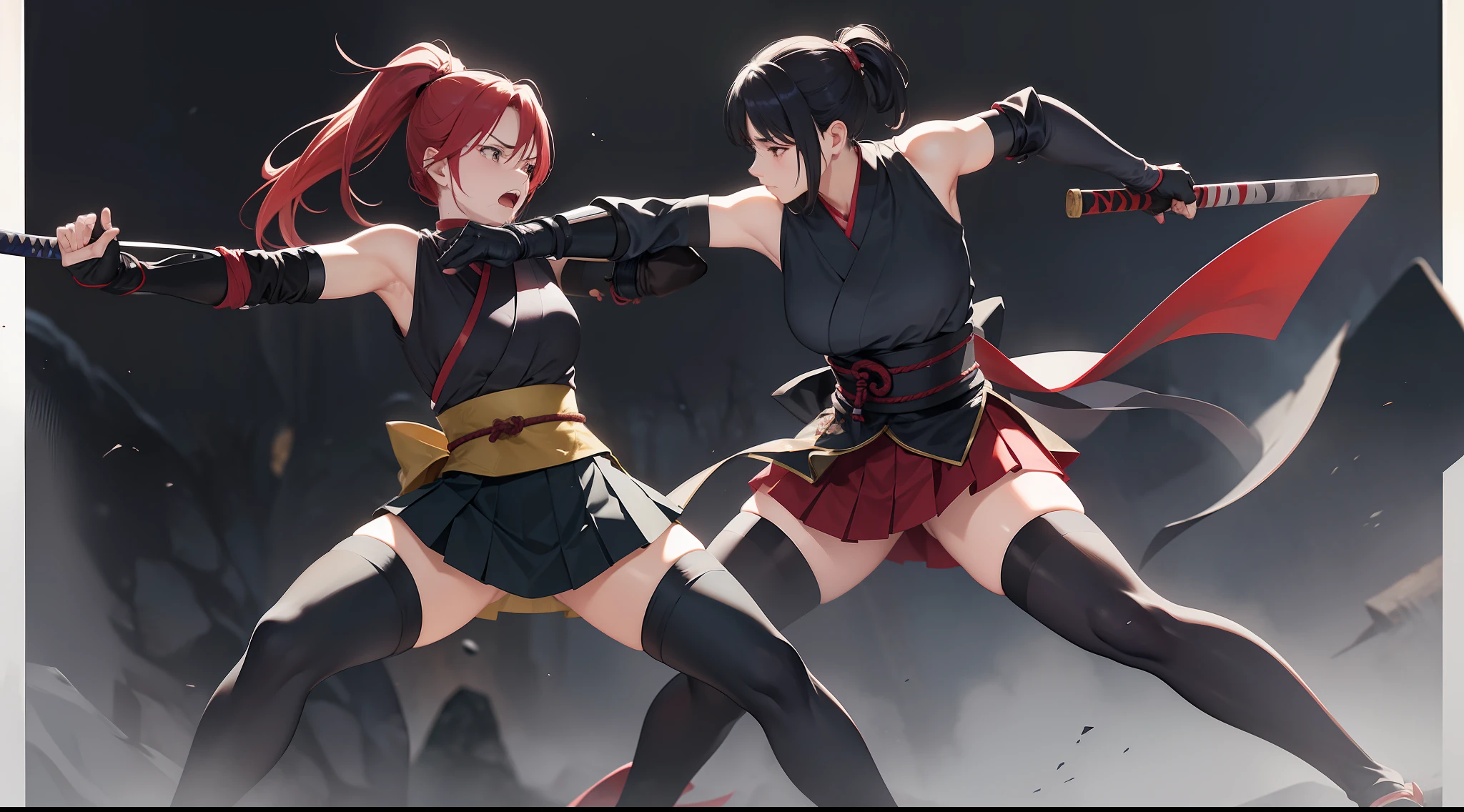 Full body shot from head to feet, two female characters from Tenchu. Kunoichi 1 attacking Kunoichi 2 with katana, while Kunoichi 2 defending with katana, but wounded and defeated, in pain expression. Both characters have long hairstyle, wear traditional sleeveless kimonos, with obi and long gloves. Both characters wears short skirt is also a prominent feature of their attire, complemented by black thigh highs stockings. The background set in a deep forest, with simple effect.