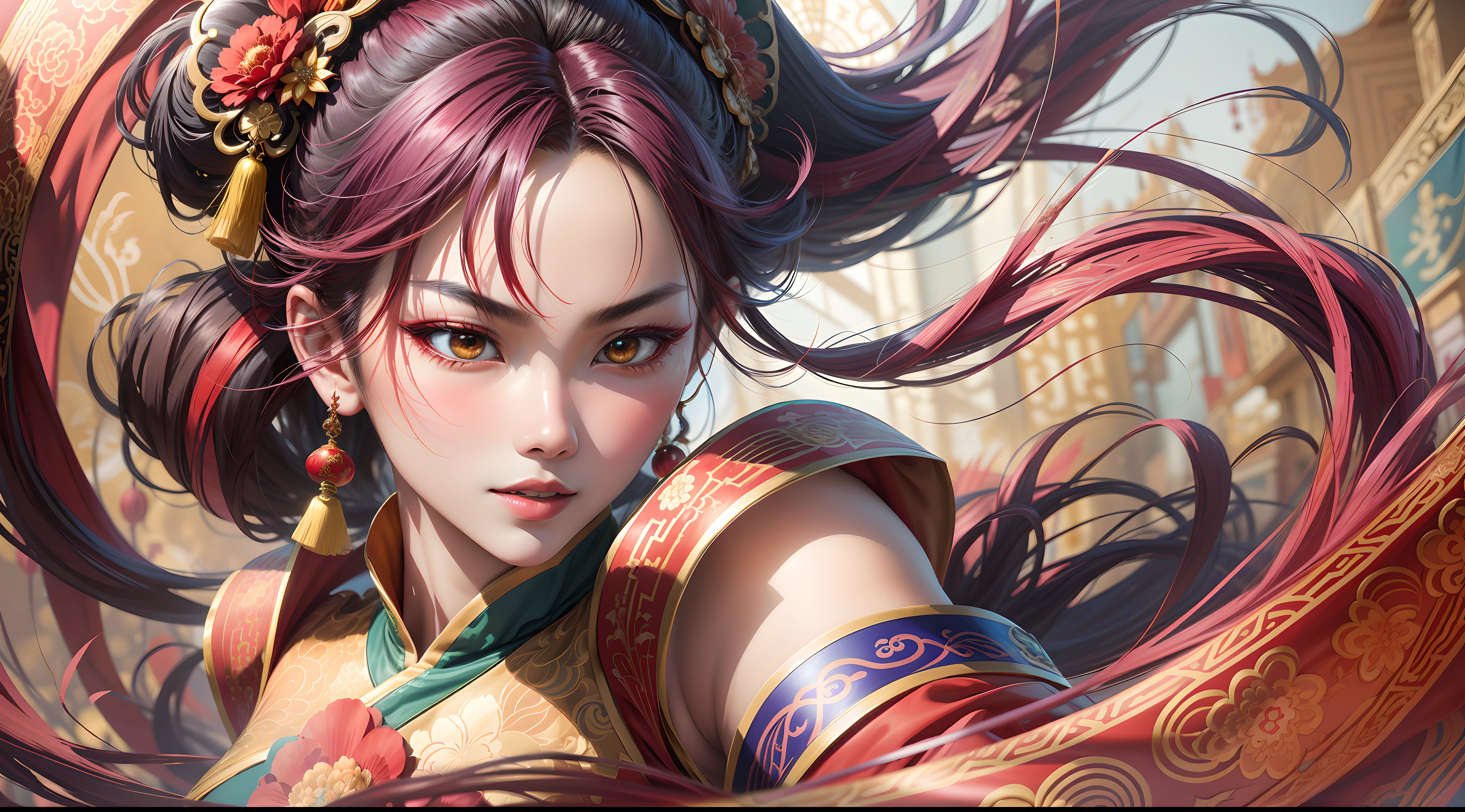 In the world of anime, a mesmerizing Chinese swordswoman comes to life with vibrant colors and vivid color blends. With a swift and determined motion, she dashes forward, her dynamic pose captivating the viewer's attention. Her flowing hair, adorned with delicate ornaments, adds a touch of elegance to her fierce demeanor. She wears an intricately designed traditional Chinese costume, vibrant in hues of crimson and gold, adorned with intricate embroidery and ornate patterns. The background is a fusion of energetic brushstrokes, blending vibrant colors to create a sense of movement and dynamism. Camera shot: close-up, Camera lens: sharp focus, Lighting: bold and vibrant, vivid color blend