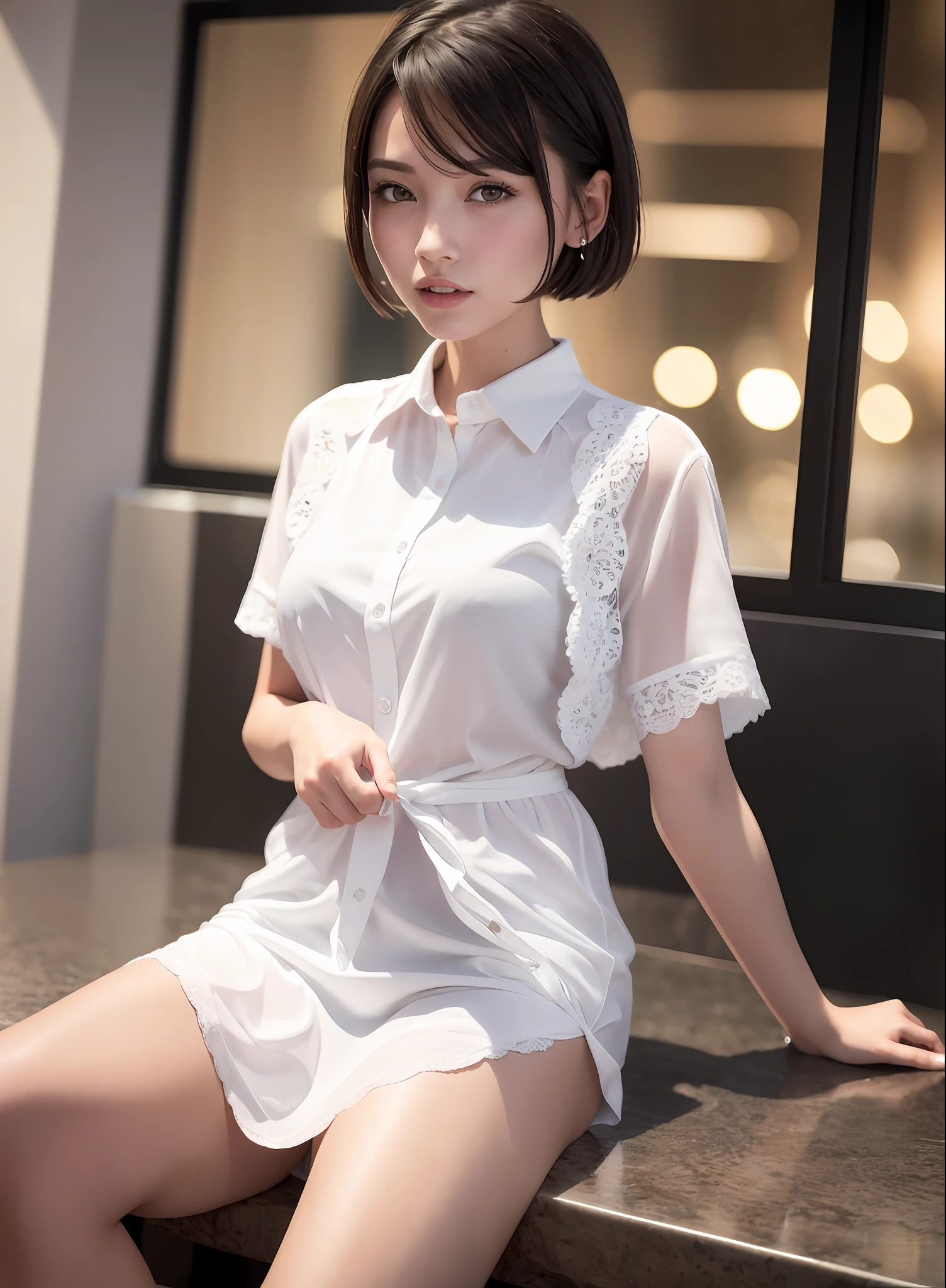 (8k, Best Quality, Masterpiece: 1.2), (Realistic, Realistic: 1.37), Ultra Detailed, 1 Girl, Cute, Solo, Beautiful Detailed Sky, Detailed Cafe, Night, Sitting, Dating, ( red nose), (smile: 1.15), (shut up) small breasts, beautiful and delicate eyes, (collared shirt: 1.1), night, wet, business attire, rain, white lace, (short hair: 1.2), flowing hair NovaFrogStyle,