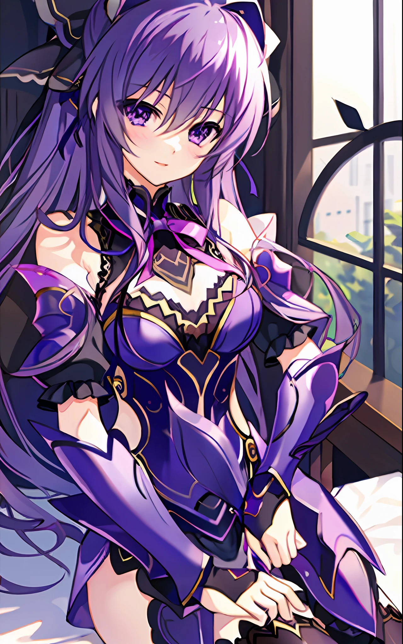 18 year old beautiful girl, masterpiece, top quality, 8K animation, detailed fingers, precise fingers, not unnatural hands, illustration, 1 girl, solo, purple ribbon, purple armor, golden shoulder rest, TOHKA
