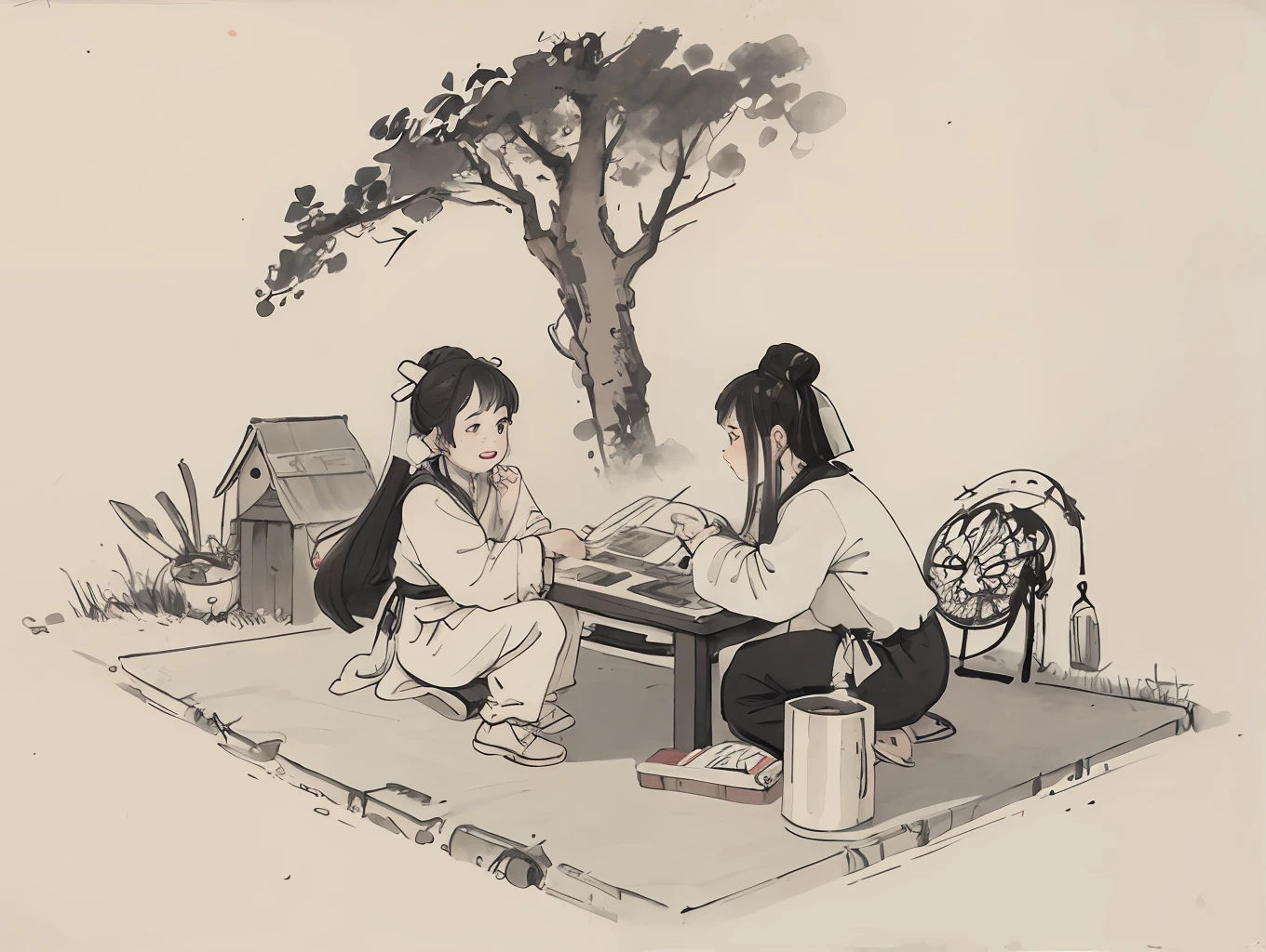 (masterpiece, best quality: 1.2), traditional Chinese ink painting, two children